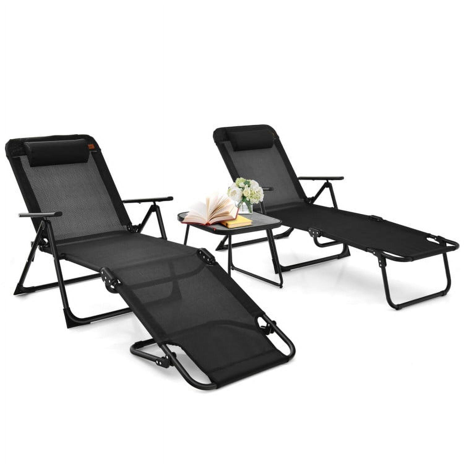 Front. Pefilos - 3 Pieces Backyard Patio Folding Chaise Lounge Set, Deluxe Outdoor Backyard Patio with PVC Tabletop-Black - Black.