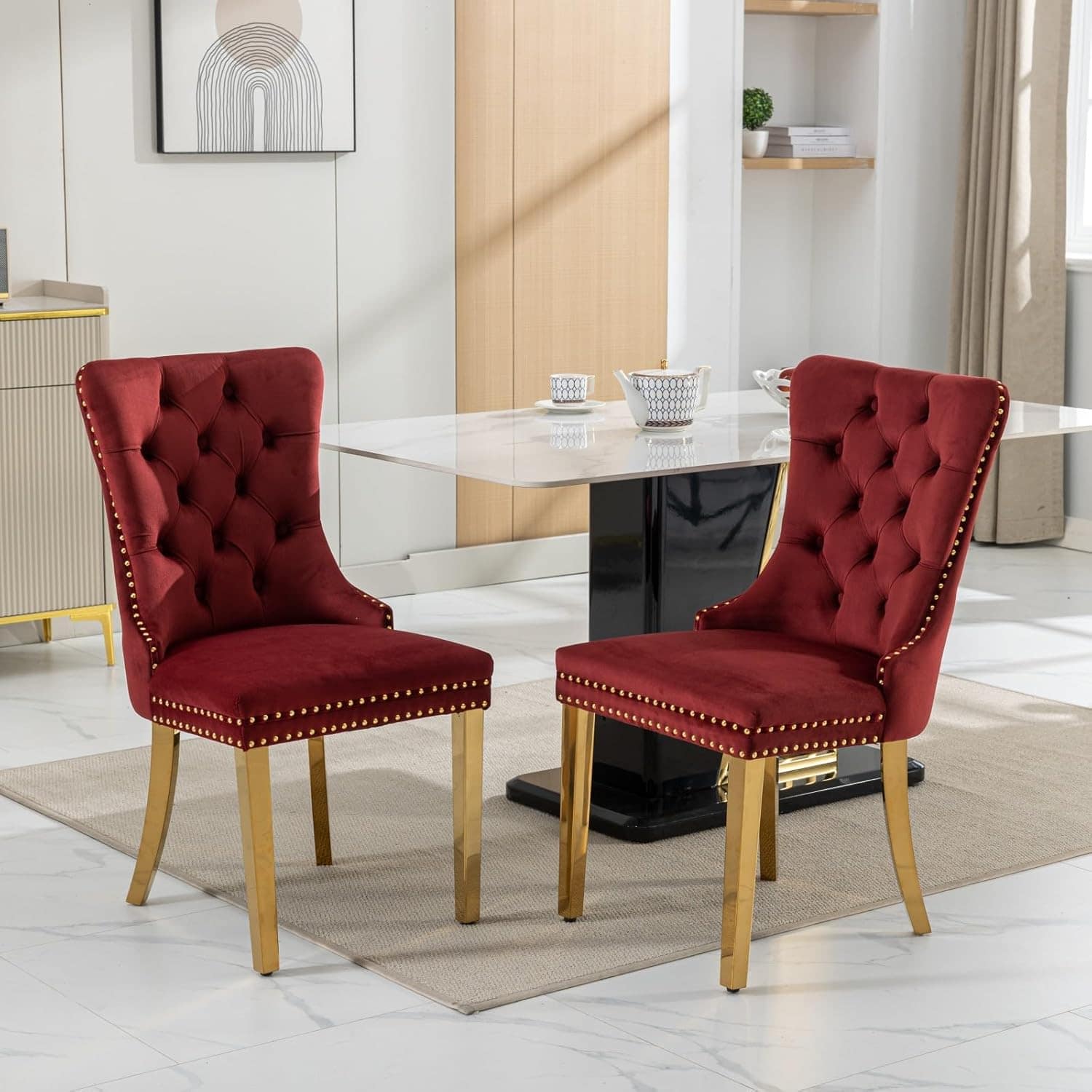 Trinkets Crazed - Velvet Dining Chair Set of 2 Upholstered Tufted Dining Room Chair with Nailhead Trim - Burgundy