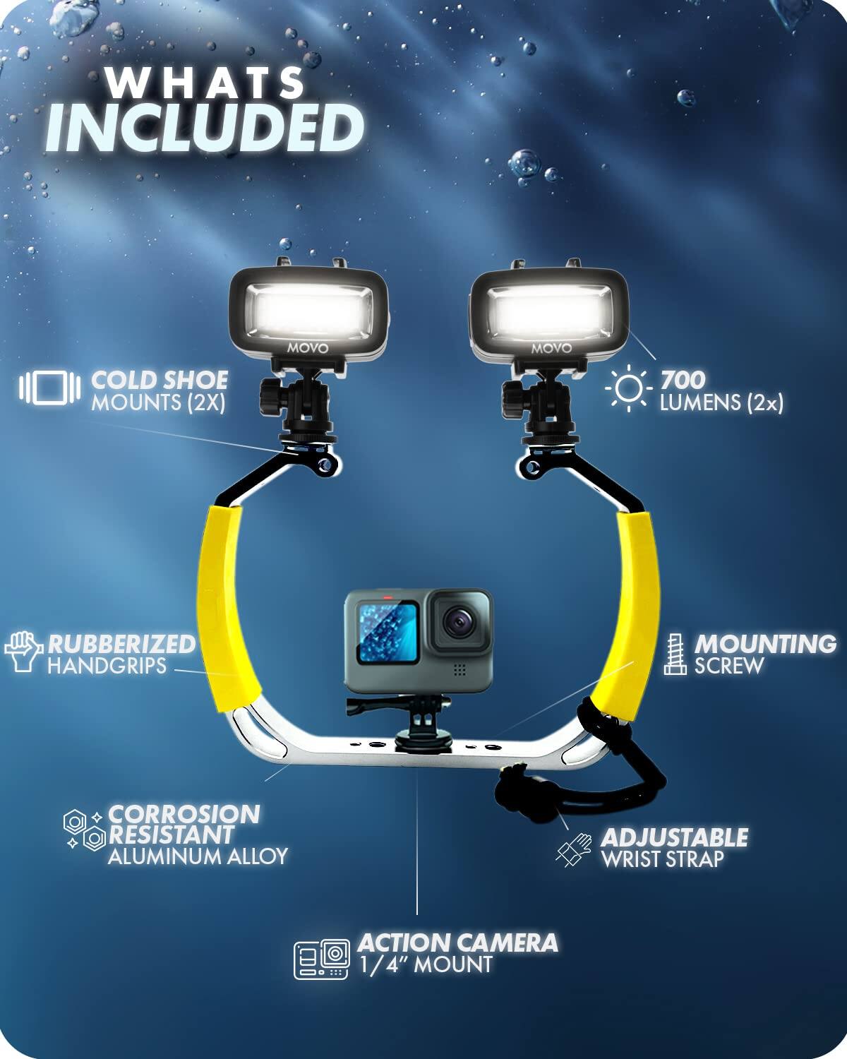 **WHAT'S INCLUDED**

- COLD SHOE MOUNTS (2X)
- 700 LUMENS (2X)
- RUBBERIZED HANDGRIPS
- MOUNTING SCREW
- CORROSION RESISTANT ALUMINUM ALLOY
- ADJUSTABLE WRIST STRAP
- ACTION CAMERA
- 1/4" MOUNT
