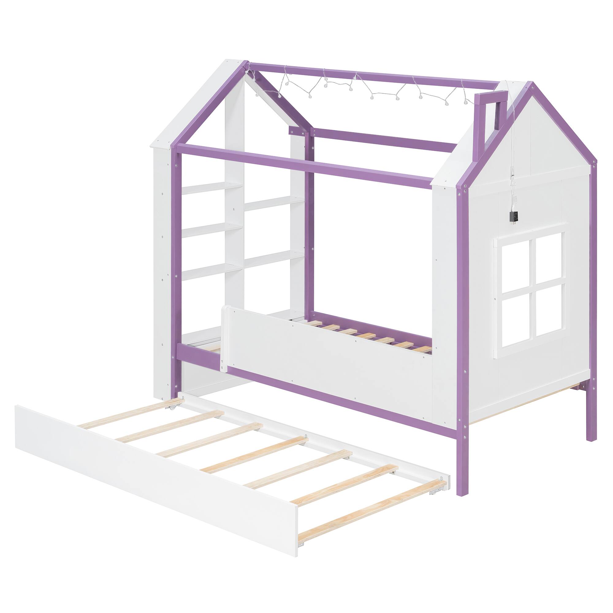 Left. Anysun - Twin Size House Bed Frame with Pull-Out Trundle, Tail End Storage Shelves and Cool White LED Lights - Purple.