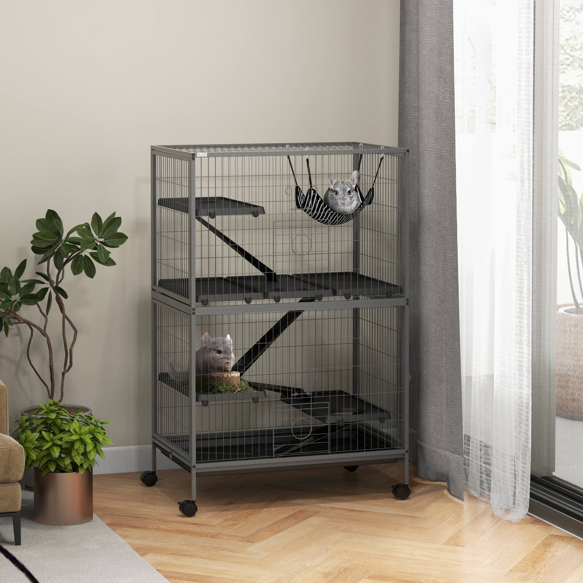 Angle. Pawhut - Metal Small Animal Cage, 5-Tiers Rolling Big Ferret Cage with Hammock, Removable Tray, Chinchilla, Sugar Glider.