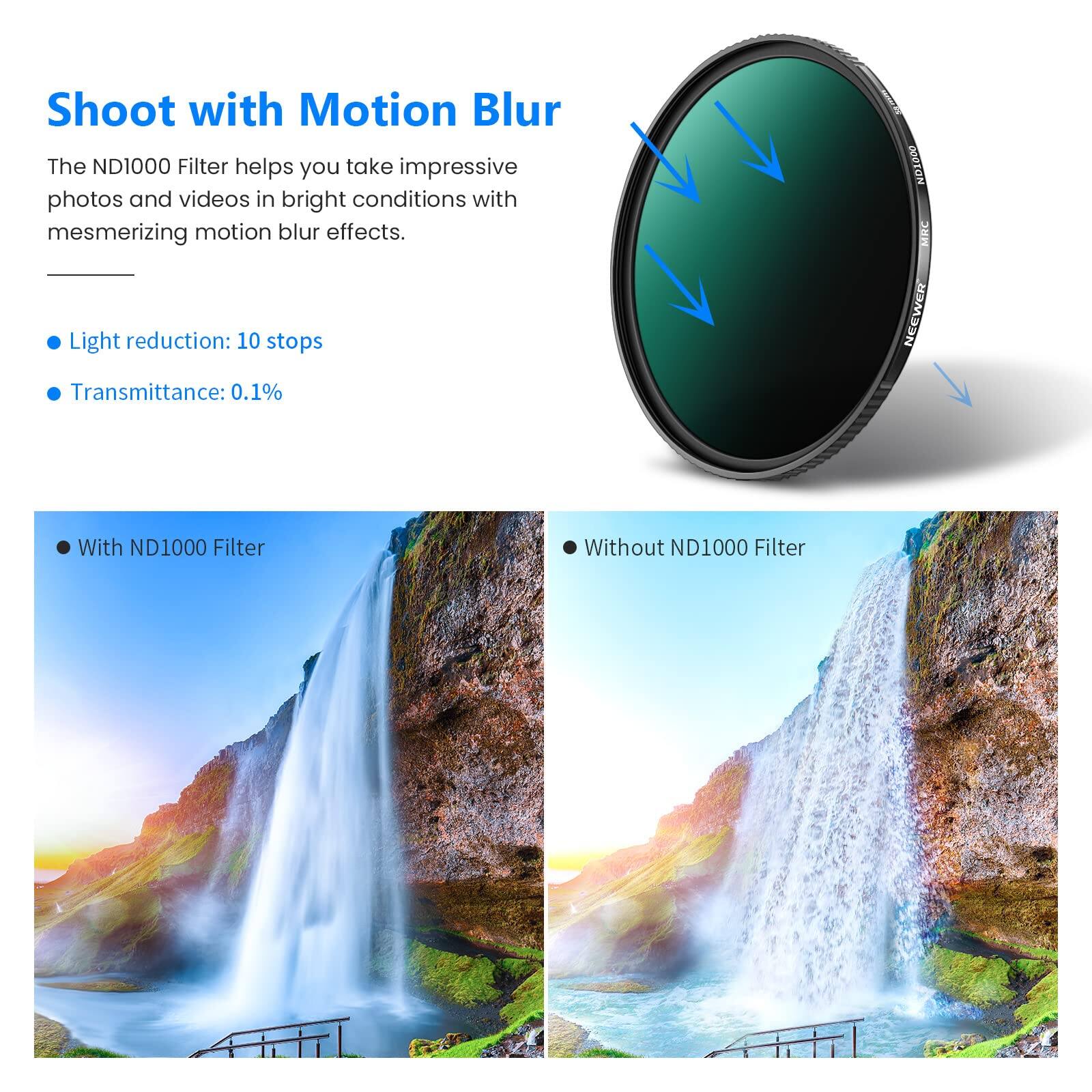 Shoot with Motion Blur

The ND1000 Filter helps you take impressive photos and videos in bright conditions with mesmerizing motion blur effects.

- Light reduction: 10 stops
- Transmittance: 0.1%

With ND1000 Filter

Without ND1000 Filter