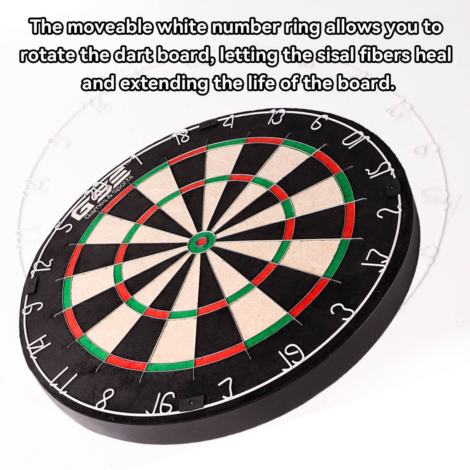 The moveable white number ring allows you to rotate the dart board, letting the sisal fibers heal and extending the life of the board.