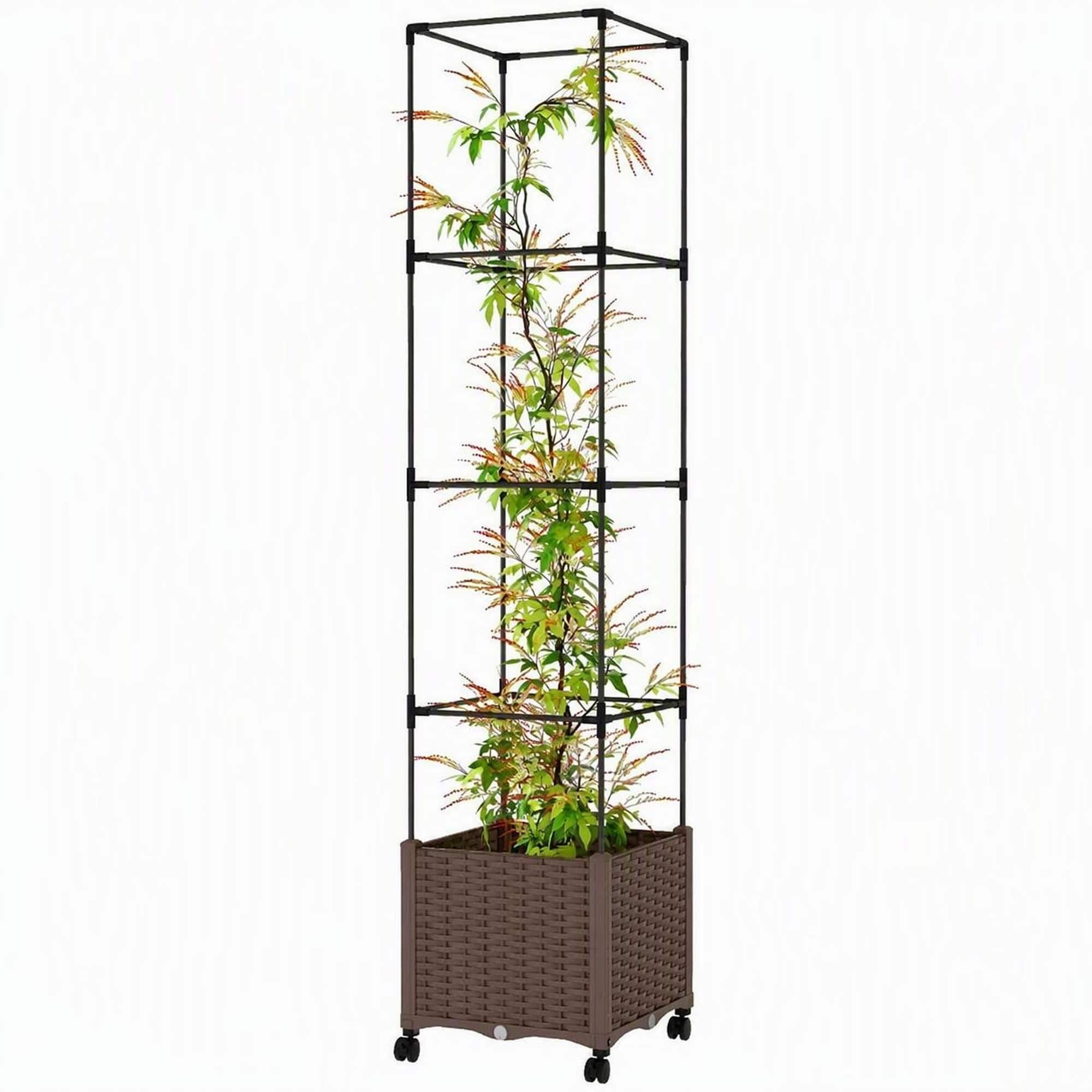 RYHNUYNE - Mobile Raised Garden Bed with Adjustable Trellis and Self-Watering Planter Box on Wheels, 15.7 by 15.7 by 71.7 - Brown