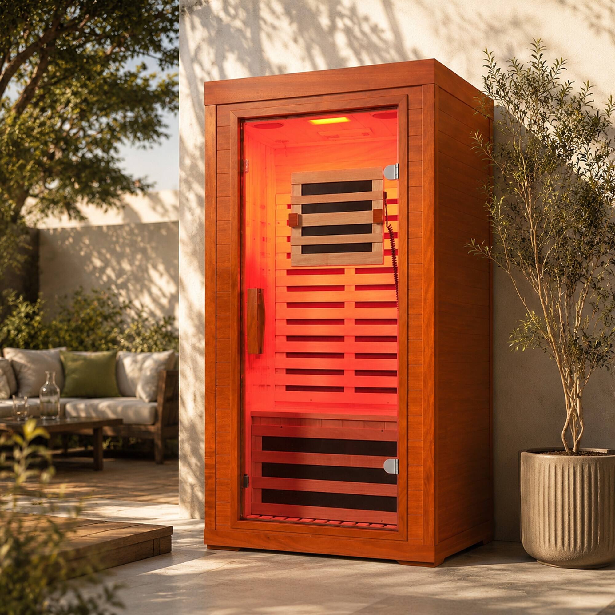 Left. RYHNUYNE - One Person Far Infrared Sauna, Okoume Wood, Tempered Glass Door, 31.5 x 31.5 x 63.3 in, Bluetooth Audio, Red Light - Natural.