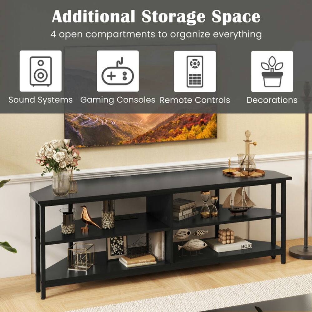 Additional Storage Space  
4 open compartments to organize everything  

- Sound Systems  
- Gaming Consoles  
- Remote Controls  
- Decorations