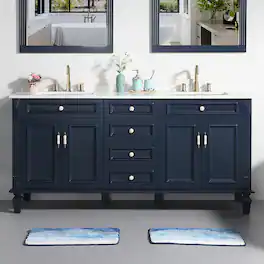 WELLFOR - ARTWOOD 72 in. Solid Wood Bath Vanity with Quartz Top, Double Sink, Soft Close, Assembled - Navy Blue