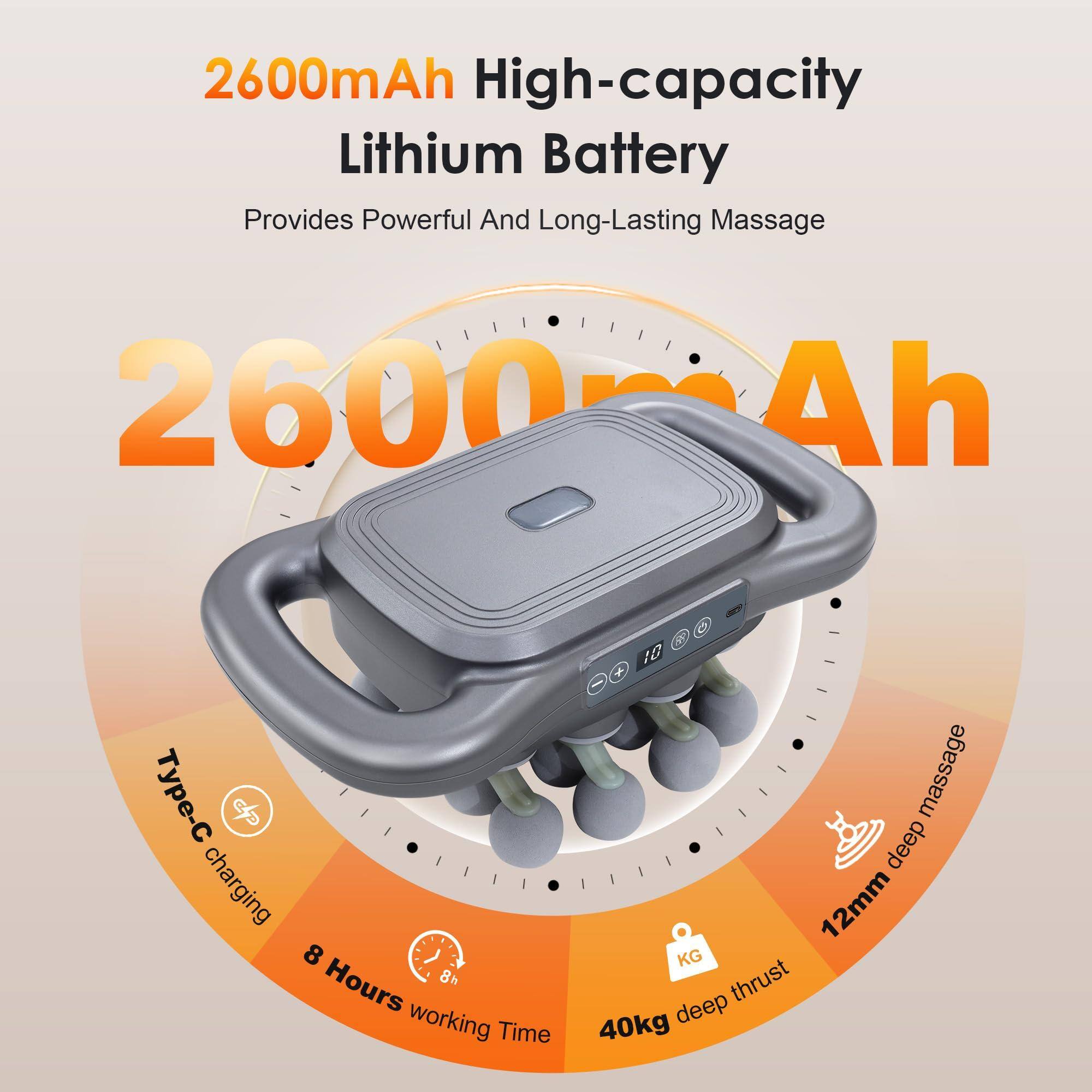2600mAh High-capacity Lithium Battery  
Provides Powerful And Long-Lasting Massage  

2600mAh  

Type-C charging  
8 Hours working Time  

12mm deep massage  
40kg deep thrust