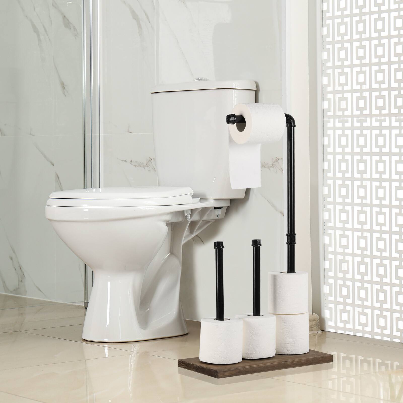 Alt View 2. Oumilen - Industrial Pipe Freestanding Toilet Paper Holder – Black Metal Stand with Burnt Wood Base.
