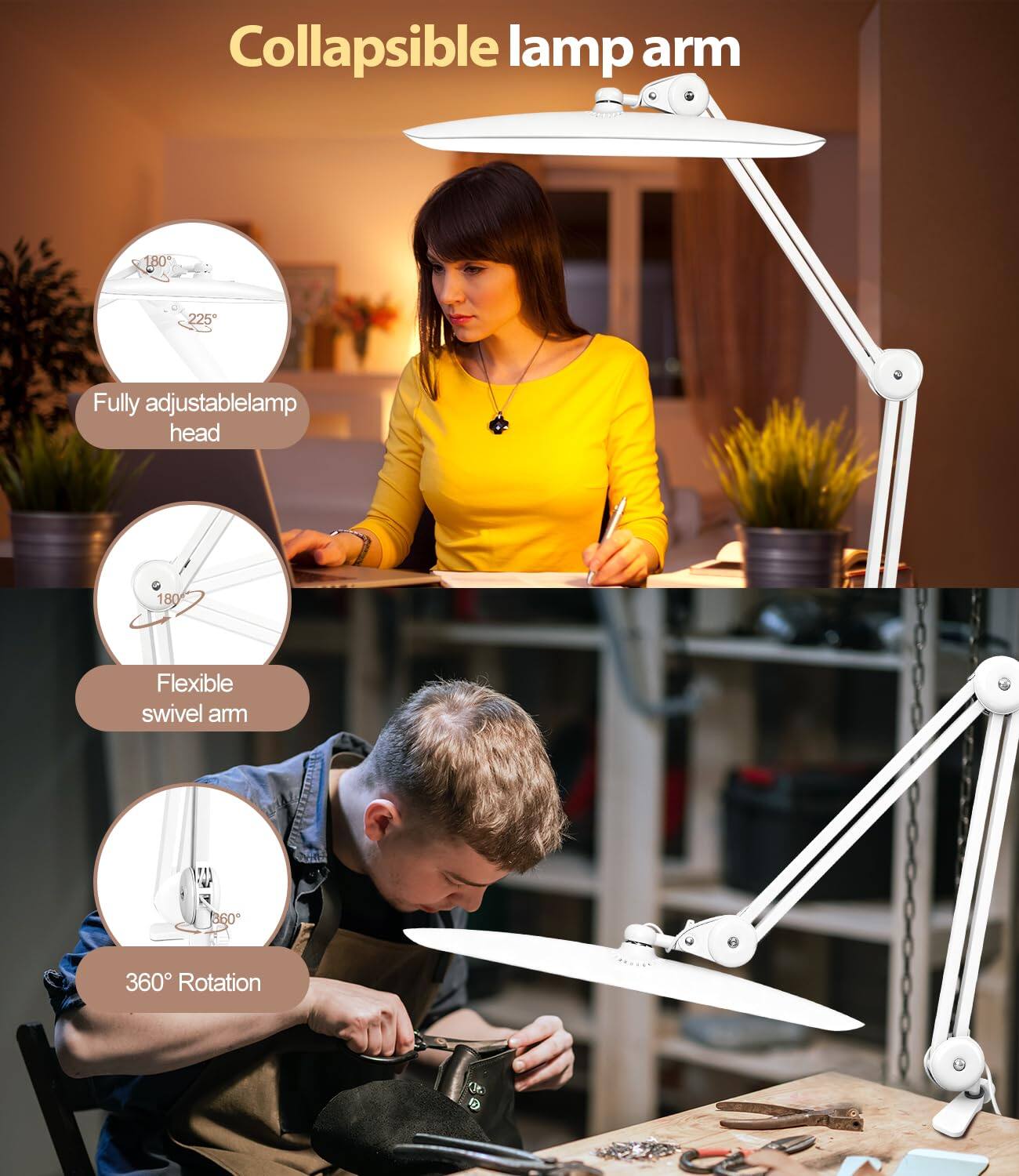 Collapsible lamp arm

- Fully adjustable lamp head
- Flexible swivel arm
- 360° Rotation