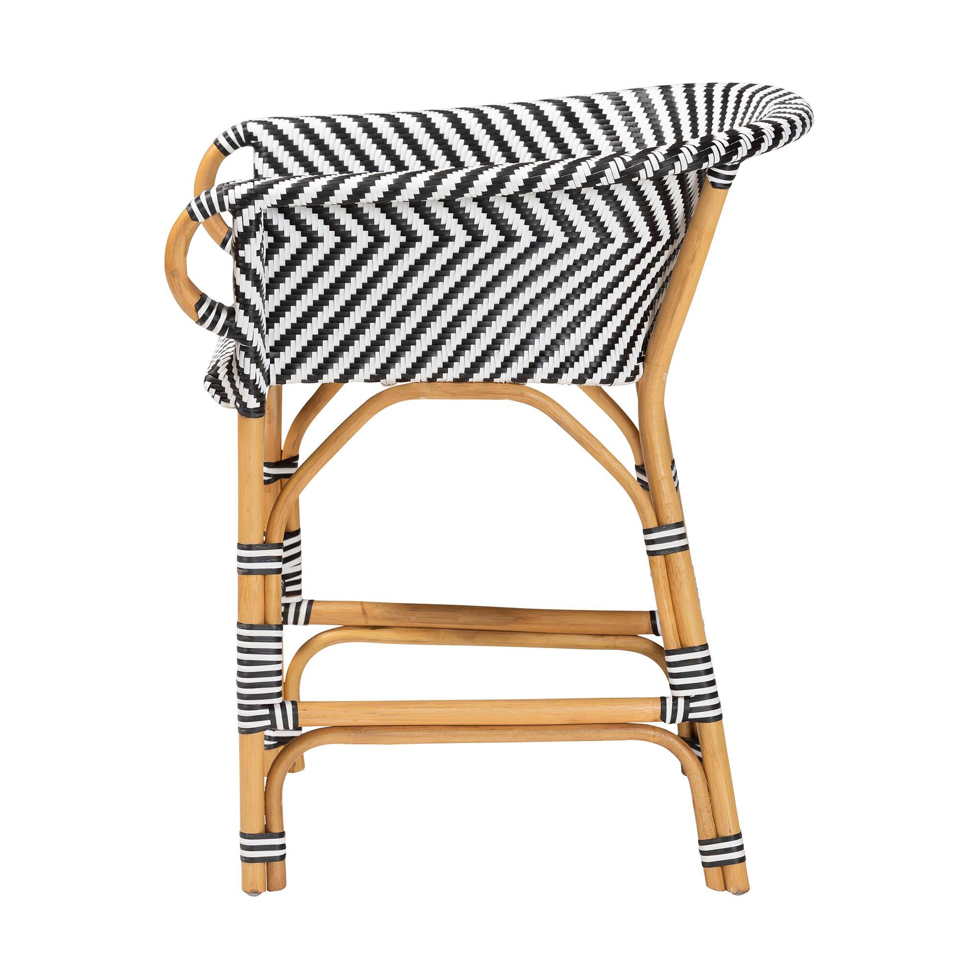 Left. bali & pari - Max Rattan Bistro Counter Stool - Handwoven Cafe-Style Accent Seating For Kitchen Island or Indoor/Outdoor Lounge - Natural Brown/Black/White.