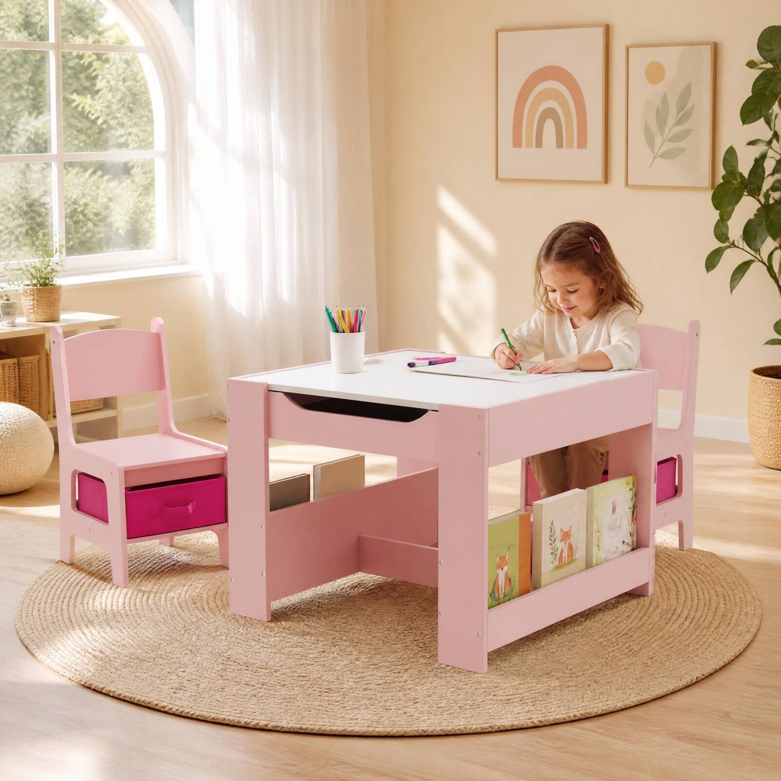 Alt View 4. Costway - Costway 4-in-1 Kids Table & Chair Set Toddler Wooden Activity Table with Side Bookshelves - Pink.