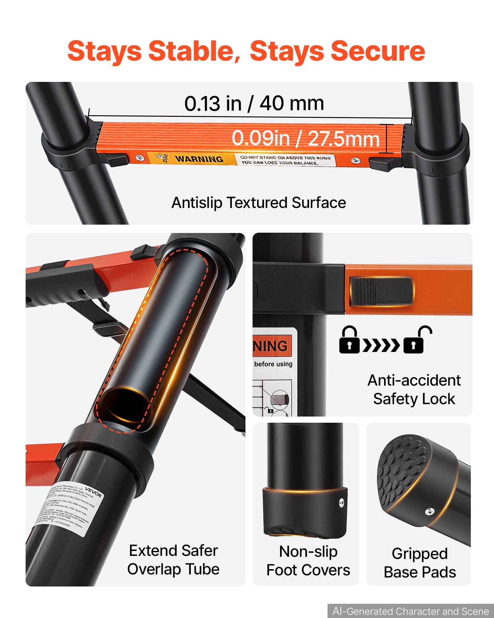Stays Stable, Stays Secure

0.13 in / 40 mm  
0.09 in / 27.5 mm

Antislip Textured Surface

Anti-accident Safety Lock

Extend Safer Overlap Tube

Non-slip Foot Covers

Gripped Base Pads

AI-Generated Character and Scene