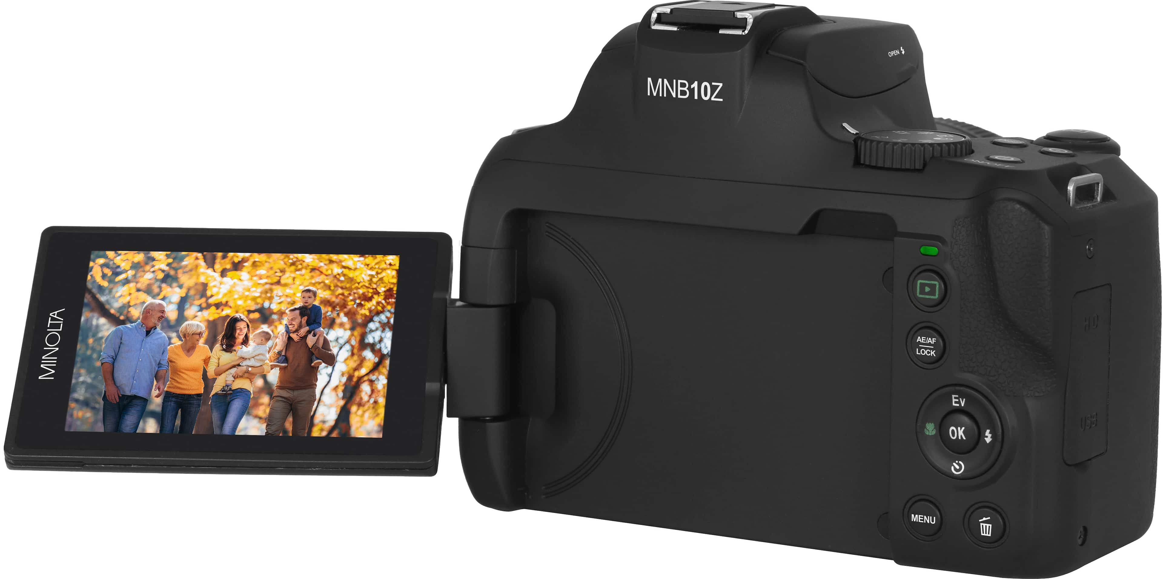 The image features a Minolta camera with a screen displaying a picture of a family. The camera is positioned next to the screen, showcasing the device's capabilities. The camera is equipped with a lens, and the screen is turned on, displaying the family photo. The Minolta camera is a versatile and reliable choice for capturing memories and special moments.
