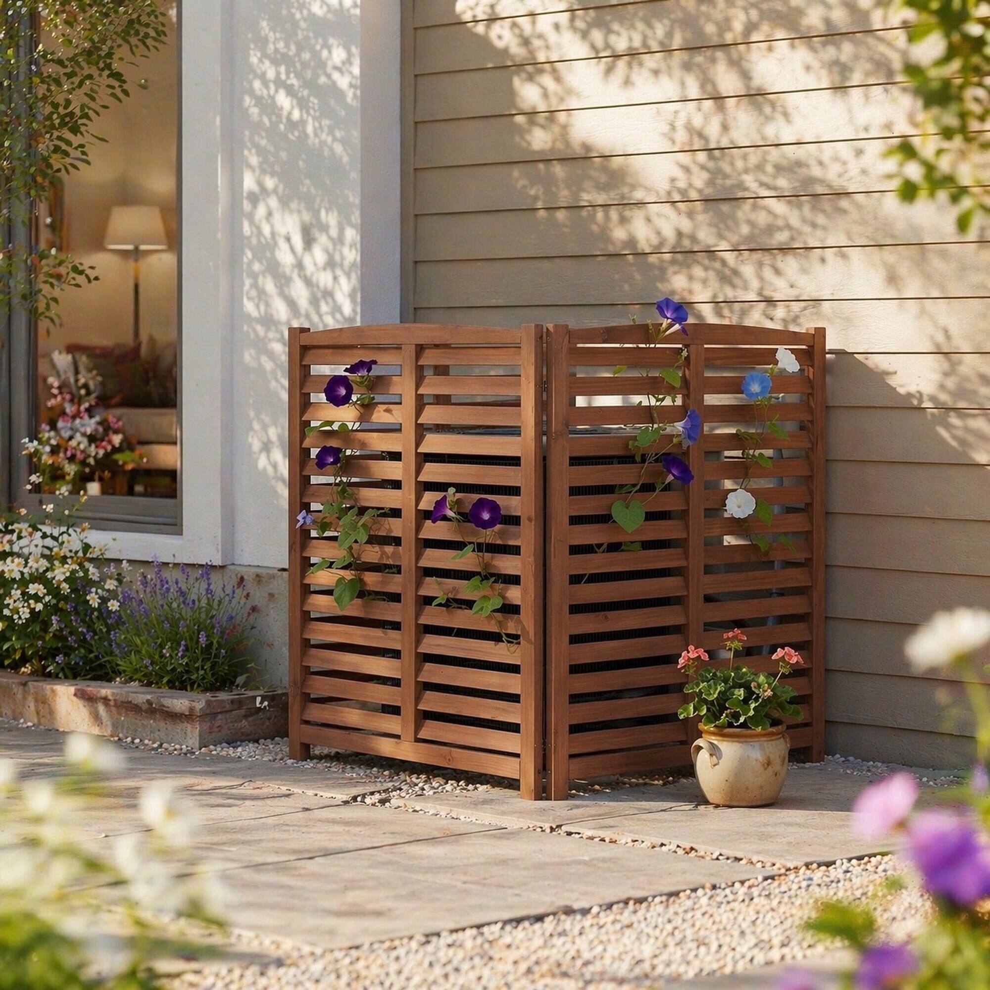 Back. RYHNUYNE - 3-Panel Outdoor Wood Privacy Screen for Air Conditioner, 32 by 38 Inch Solid Wood Fence with Ventilated Slat - Brown.