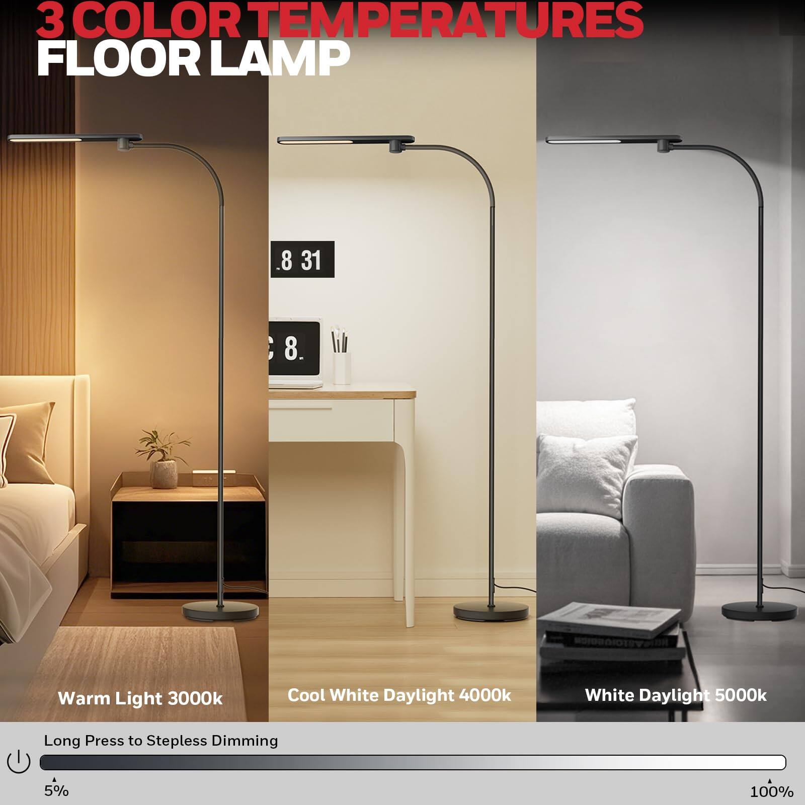 3 COLOR TEMPERATURES FLOOR LAMP
Warm Light 3000k
Cool White Daylight 4000k
White Daylight 5000k
Long Press to Stepless Dimming
5% 100%