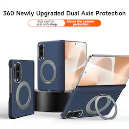 Dteck - for Samsung Galaxy Z Fold8 Magnetic PU Leather Case with Rotating Ring Kickstand,Full Hinge Protection PC Back Cover - Blue