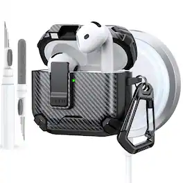 Dteck - Case for Apple AirPods 4th Gen with Magnetic Lock,Compatible with Mag Safe,Carbon Fiber Texture Cover with Carabiner - Black