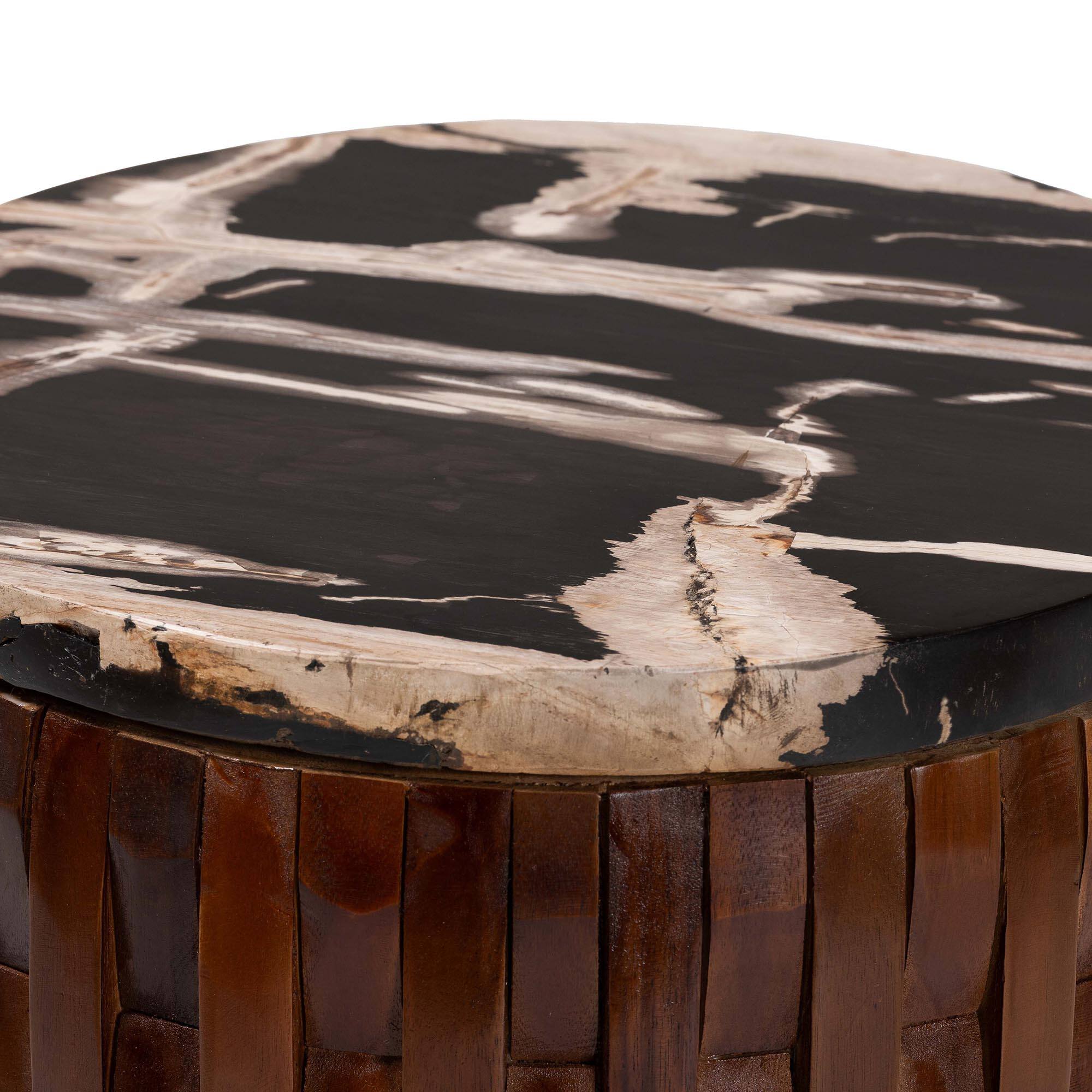 Angle. bali & pari - Lavanya End Table with Petrified Wood Top - Drum Accent Side Table with Recycled Teak Wood Frame - Black/Cream/Antique Brown.