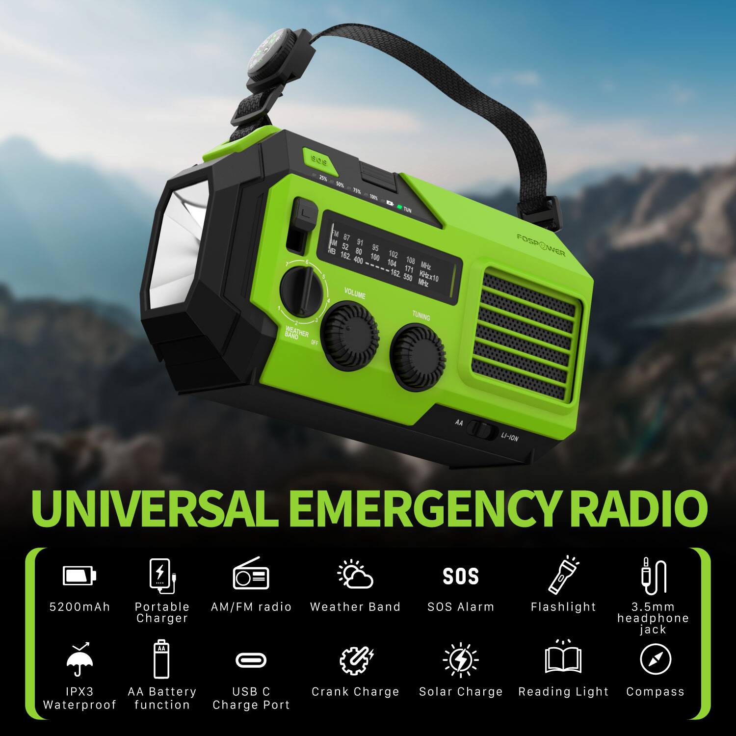 UNIVERSAL EMERGENCY RADIO SOS 5200mAh Portable AM/FM radio Weather Band Charger sos Alarm Flashlight 3.5mm headphone jack IPX3 AA Battery USB C Waterproof function Charge Port Crank Charge Solar Charge Reading Light Compass

m 5% 2 - - - M 1   52 D5 3 8O 12 12 400 100 108 L 104 175  162 55 MPex1O M VOLUME i TUNING BAND WEATHER a FOSPENIER vO AA -10N