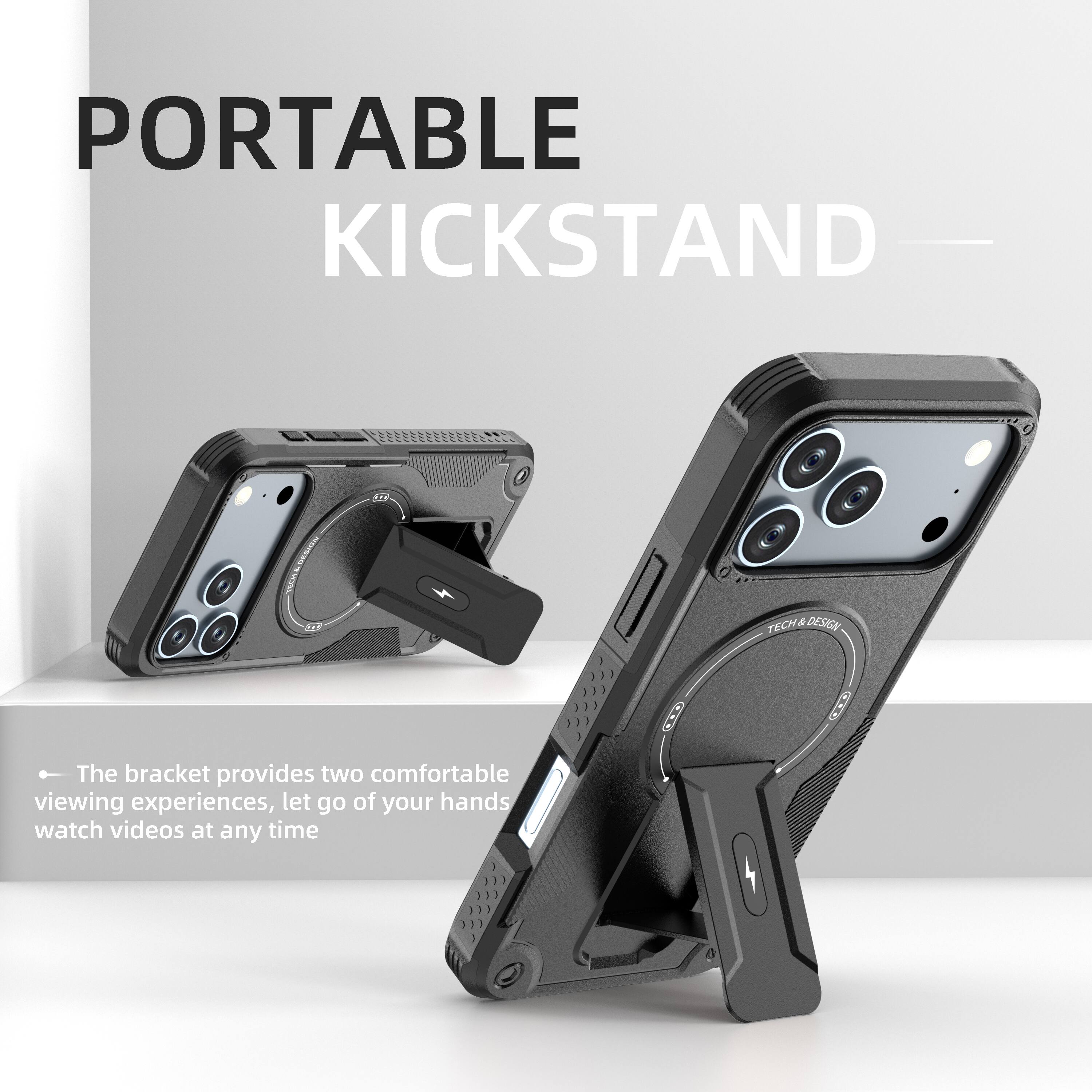 PORTABLE KICKSTAND

1. ESION 4 TECHA DESIGN

The bracket provides two comfortable viewing experiences, let go of your hands watch videos at any time