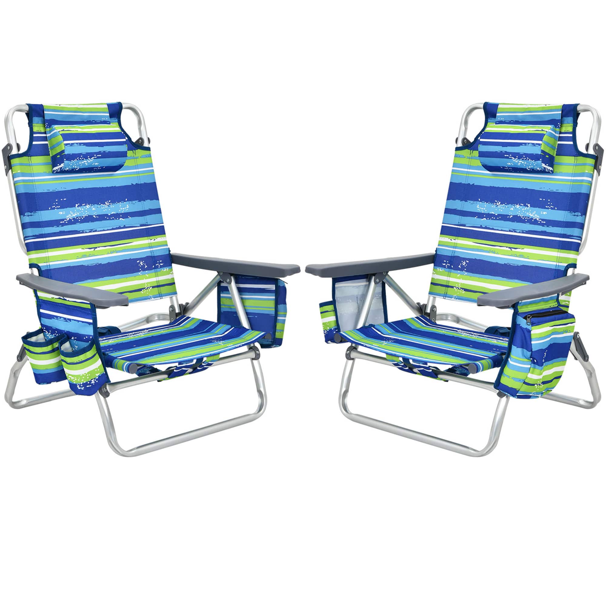 Gymax - 2PCS Folding Backpack Beach Chair Reclining Camping Chair w/ Storage Bag - Blue