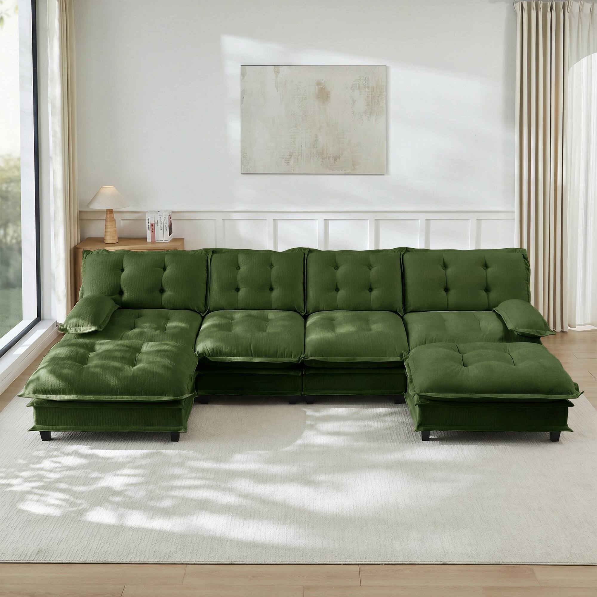 Angle. LOVMOR - 138 inch U Shaped Modular Deep Seat 4 Seat Chenille Sectional Couch Compressed Pack For Bedroom Apartment Cozy - Green.