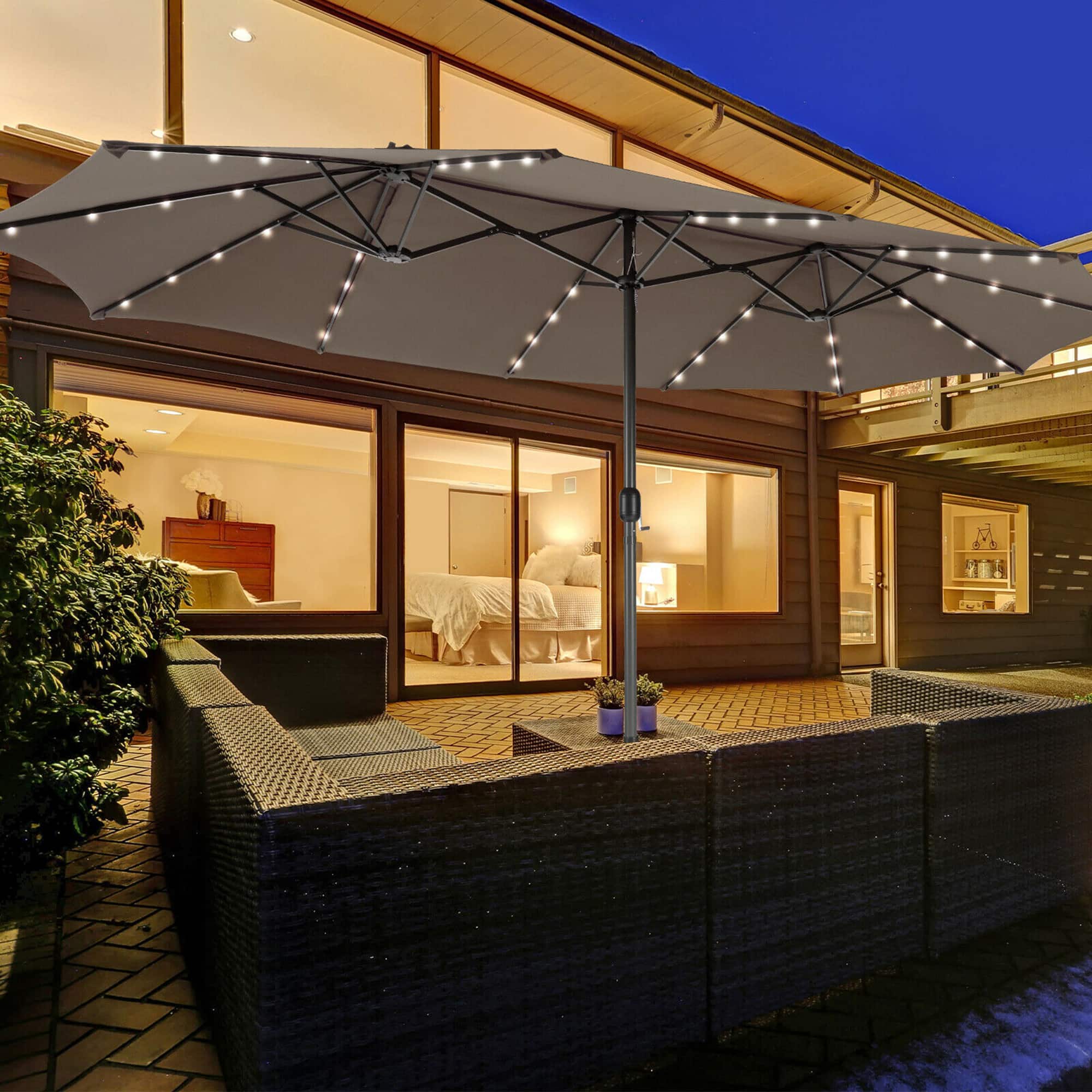 Gymax - Outdoor 15' Double-Sided Patio Umbrella 48 Solar LED Lights Crank & Base - Coffee