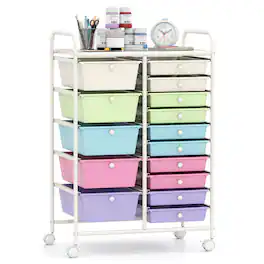 Gymax - 15-Drawer Rolling Storage Cart Mobile Cart w/ Colorful Drawers & Metal Frame White - Multicolor