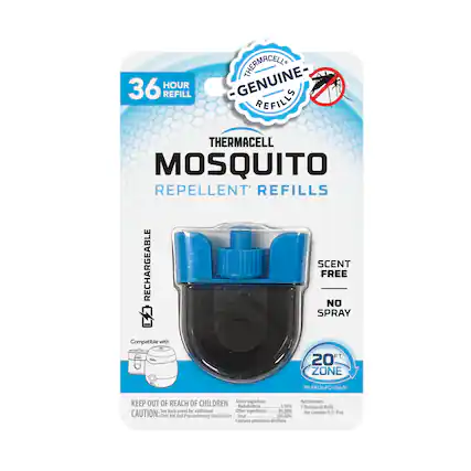HOUR 36 REFILL THERMACELLO GENUINE- REFILLS THERMACELL MOSQUITO REPELLENT REFILLS RECHARGEABLE SCENT FREE NO SPRAY SHERMACELL Compatible with FT 20 ZONE TRI-CR136-FC-USA-01 KEEP OUT OF REACH OF CHILDREN Active Ingredient Metofluthrin 5 50% See back panel for additional Other Ingredients H50 CAUTION: Finst Aid and Precautionary Statements Total 100.00% Contains petroleum distillate Net Contents: - Thermacell Refill Net Contents 0.31 d oz.