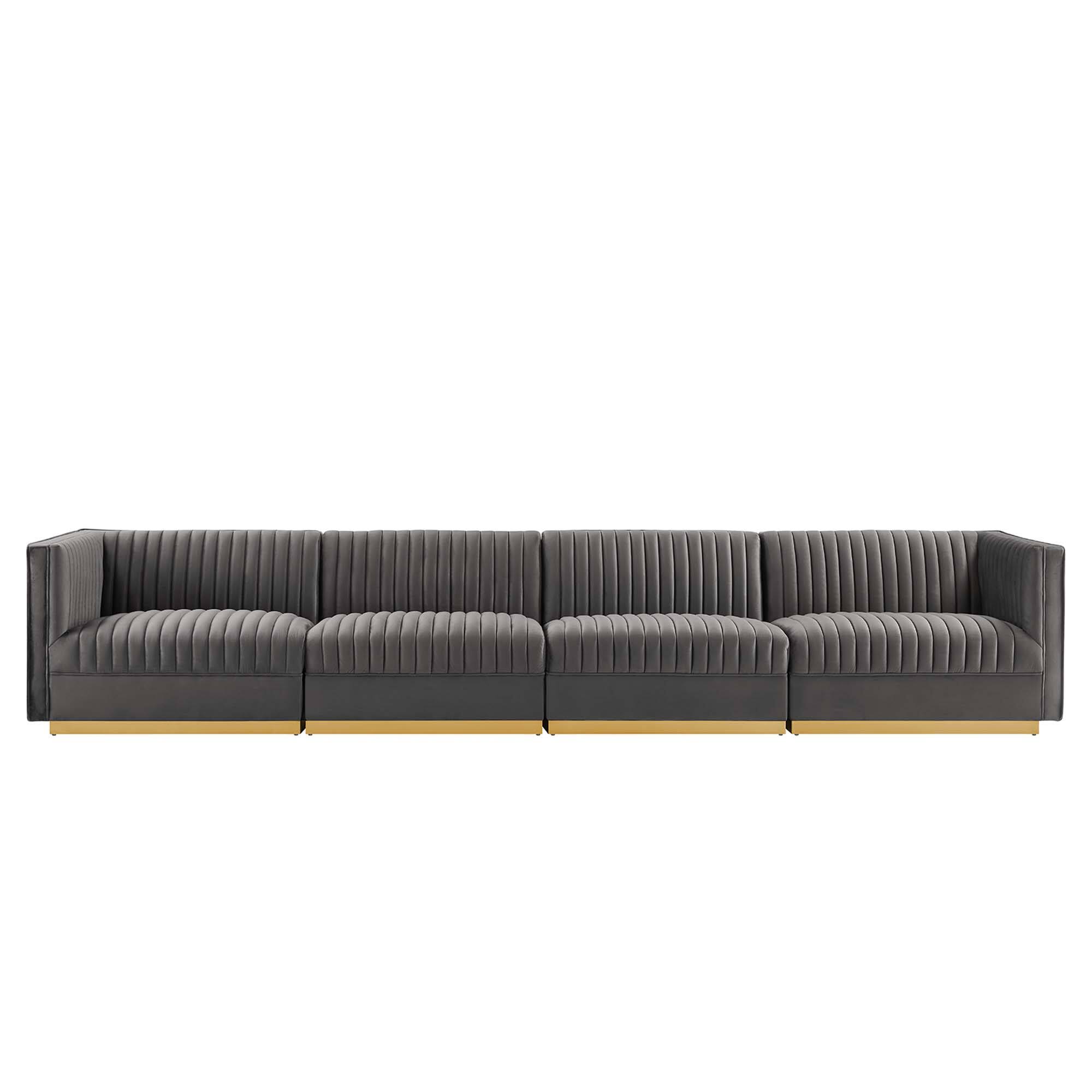 Left. Modway - Sanguine Channel Tufted Performance Velvet 4-Seat Modular Sectional Sofa by Modway - Gray.