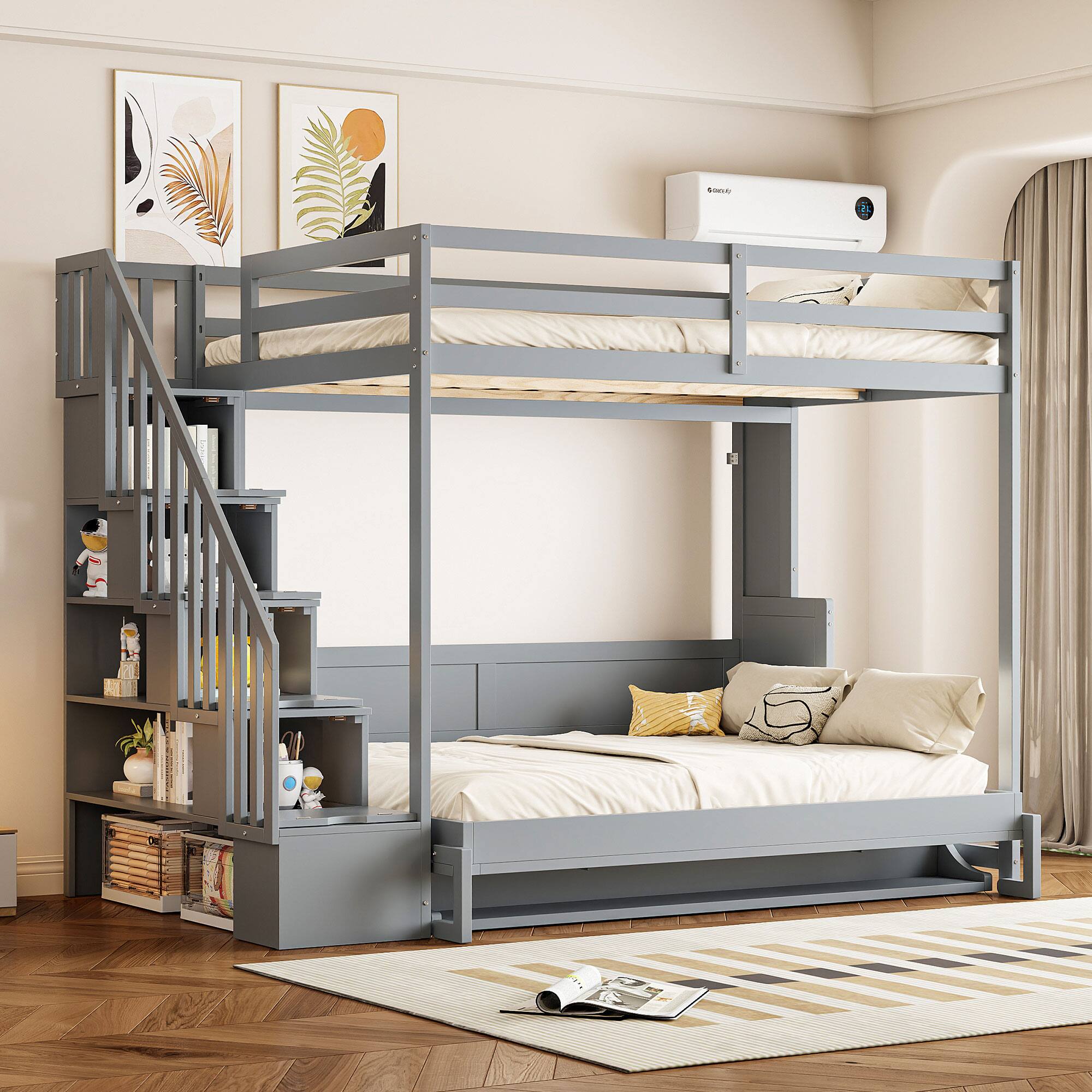 Left. Tiramisubest - Full Over Full Murphy Bed with Hydraulic Lift, Desk & Storage, Gray - Gray.