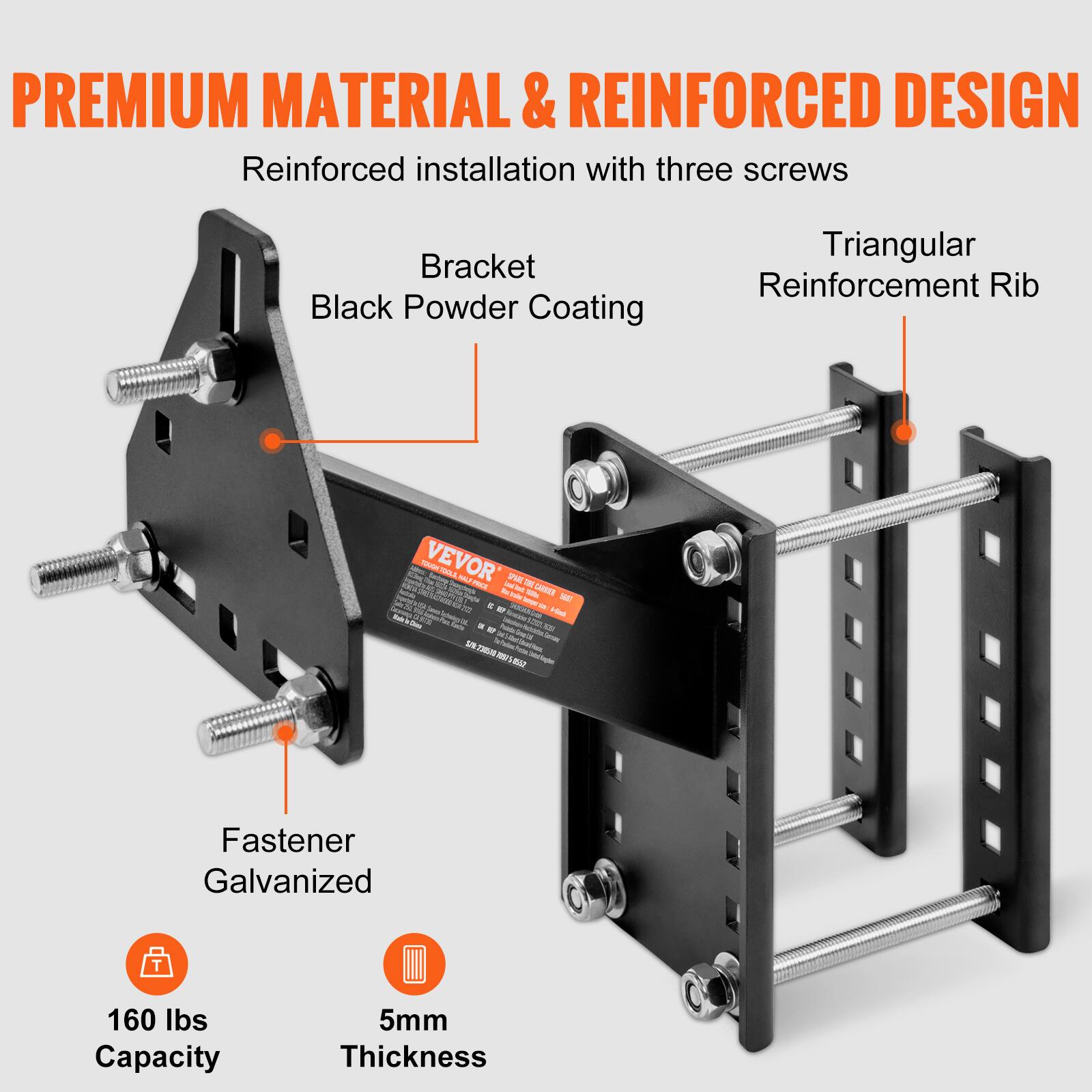 PREMIUM MATERIAL & REINFORCED DESIGN

- Reinforced installation with three screws
- Bracket
- Black Powder Coating
- Triangular Reinforcement Rib
- Fastener Galvanized
- 160 lbs Capacity
- 5mm Thickness
