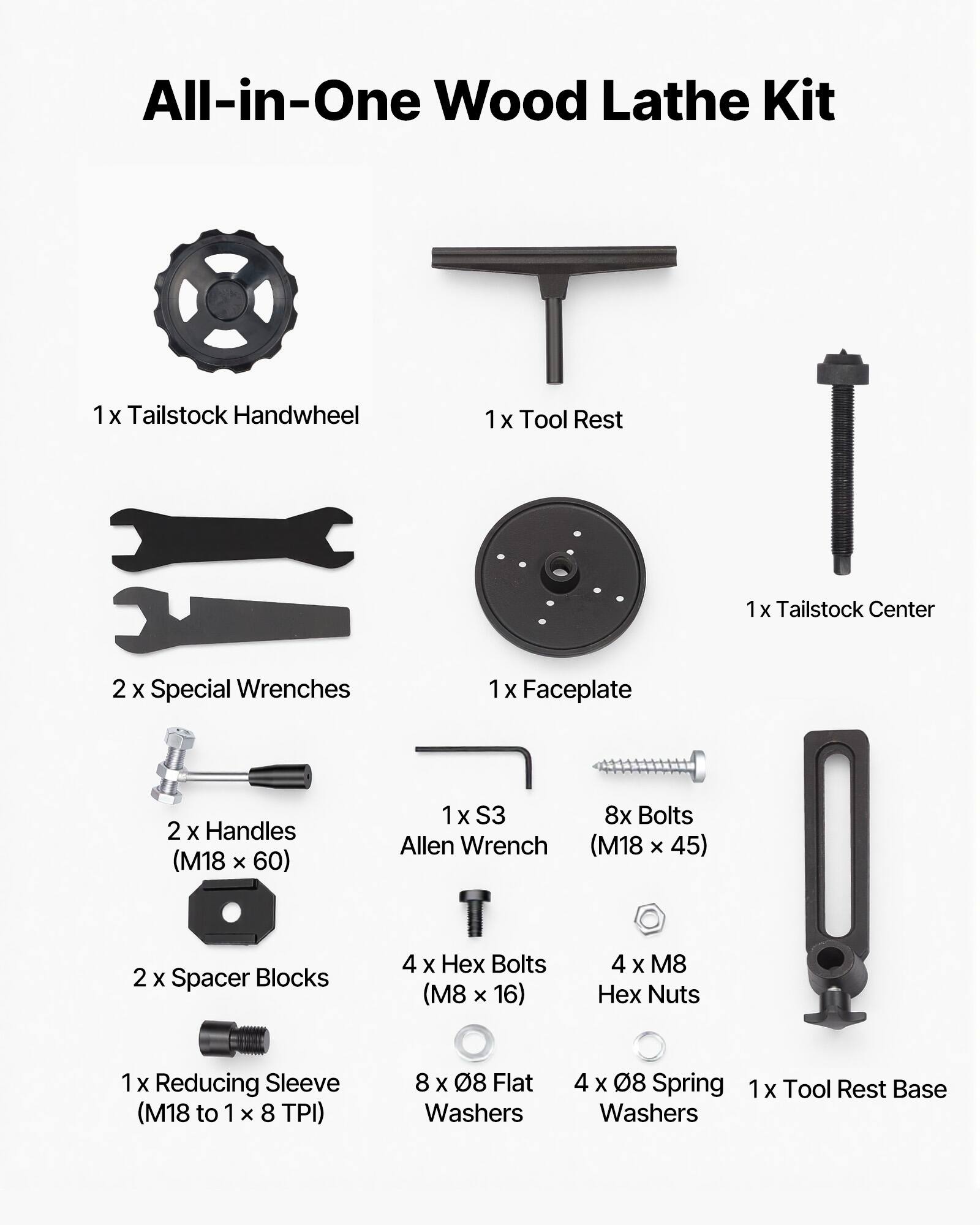 All-in-One Wood Lathe Kit

1 X Tailstock Handwheel  
1 X Tool Rest  
1 X Tailstock Center  
2 X Special Wrenches  
1 X Faceplate  
2 X Handles (M18 x 60)  
1 X S3 Allen Wrench  
8 X Bolts (M18 x 45)  
2 X Spacer Blocks  
4 X Hex Bolts (M8 x 16)  
4 X M8 Hex Nuts  
1 X Reducing Sleeve (M18 to 1 x 8 TPI)  
8 X 08 Flat Washers  
4 X 08 Spring Washers  
1 X Tool Rest Base