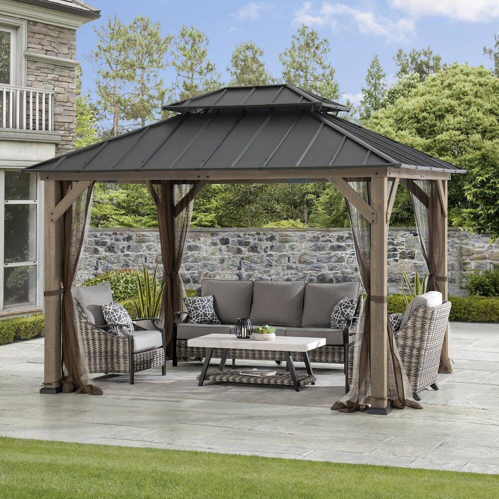Alt View 1. SUNJOY - 10 ft. x 12 ft. Cedar Wood Gazebo with Galvanized Steel Roof - Brown.