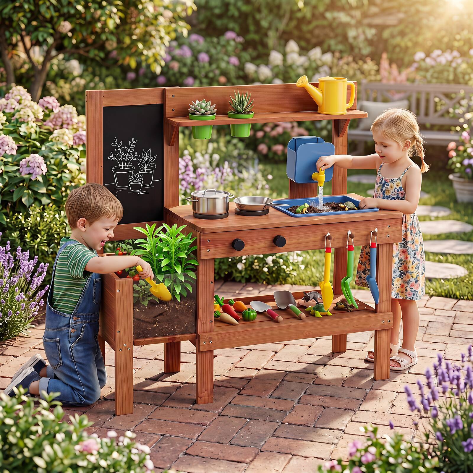 Alt View 1. Costway - Costway Kids Mud Kitchen with Planter Box, Sink, Stoves, Chalkboard & 13 Accessories - Natural.