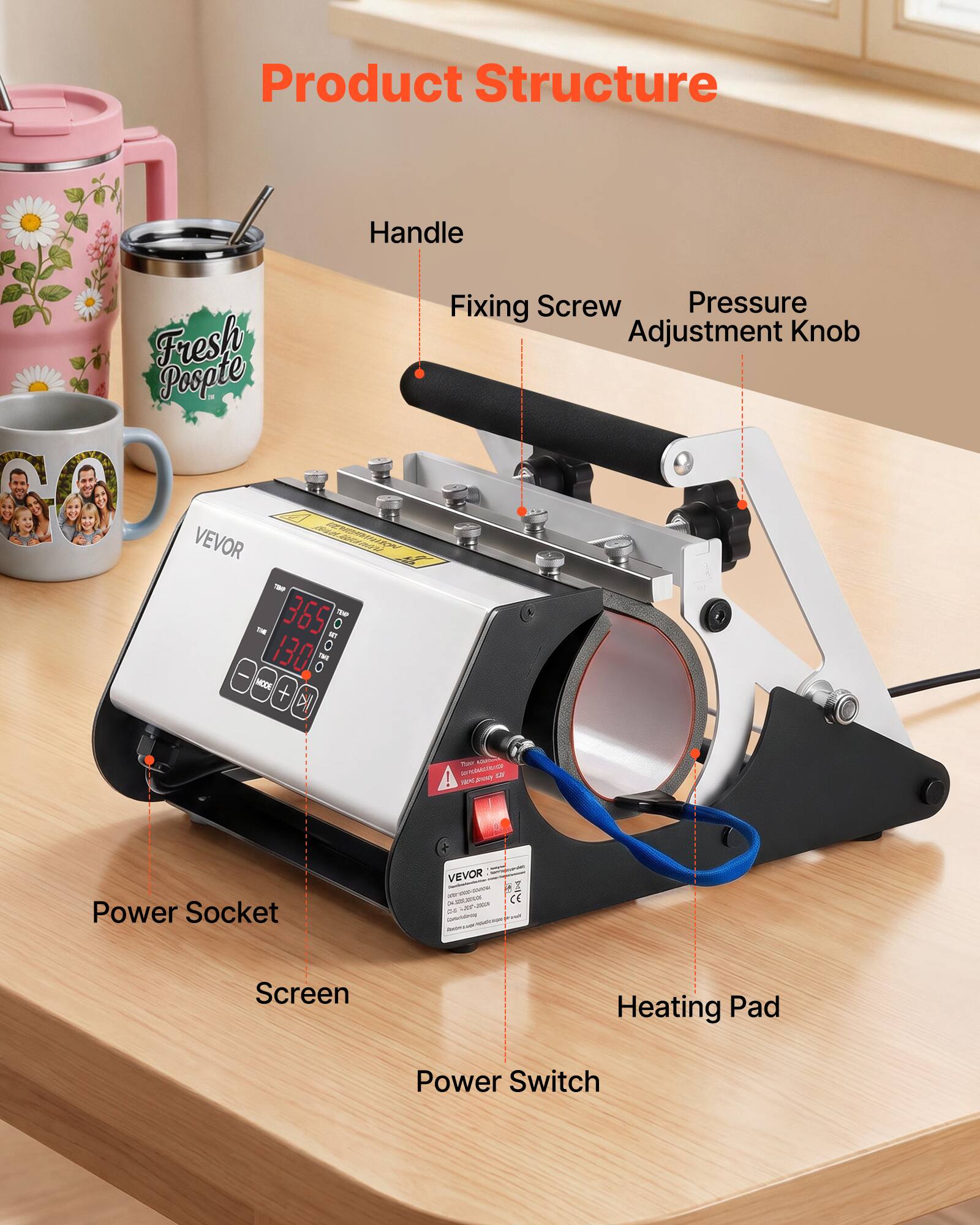 Product Structure

- Handle
- Fixing Screw
- Pressure Adjustment Knob
- Power Socket
- Screen
- Heating Pad
- Power Switch