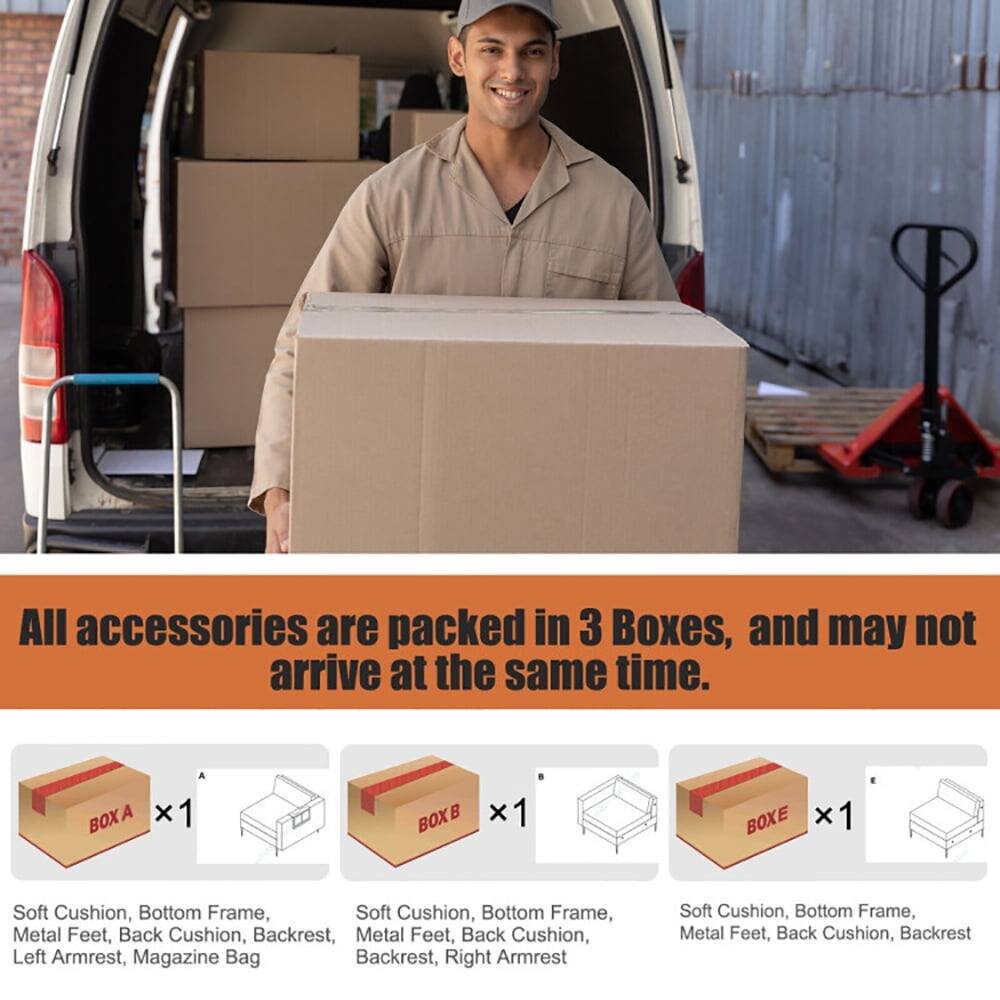 All accessories are packed in 3 Boxes, and may not arrive at the same time.

- BOX A x1
  - Soft Cushion, Bottom Frame, Metal Feet, Back Cushion, Backrest, Left Armrest, Magazine Bag

- BOX B x1
  - Soft Cushion, Bottom Frame, Metal Feet, Back Cushion, Backrest, Right Armrest

- BOX C x1
  - Soft Cushion, Bottom Frame, Metal Feet, Back Cushion, Backrest