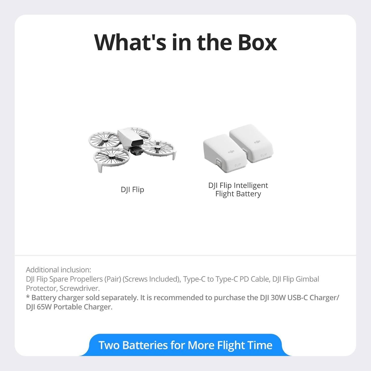 What's in the Box

- DJI Flip
- DJI Flip Intelligent Flight Battery

Additional inclusion:
- DJI Flip Spare Propellers (Pair) (Screws Included)
- Type-C to Type-C PD Cable
- DJI Flip Gimbal Protector
- Screwdriver

*Battery charger sold separately. It is recommended to purchase the DJI 30W USB-C Charger/ DJI 65W Portable Charger.

Two Batteries for More Flight Time