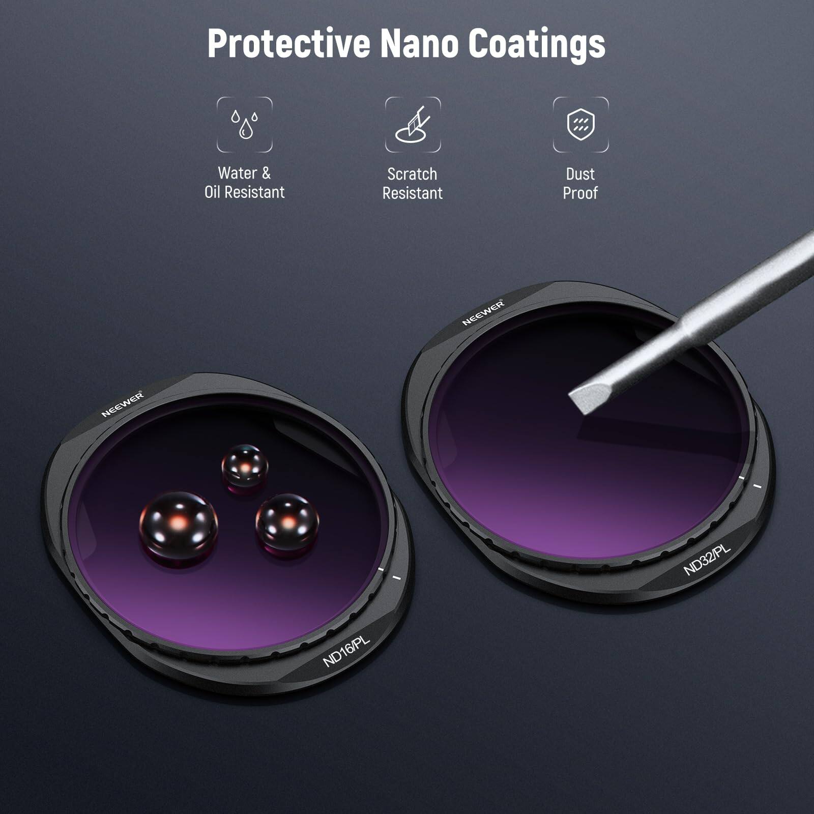 Protective Nano Coatings  
Water & Oil Resistant  
Scratch Resistant  
Dust Proof  
NEEWER ND32/PL ND16/PL