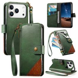 Dteck - For Apple iPhone 17 Pro Max Wallet Case Business Shockproof PU Leather Flip Kickstand Zipper Card Pocket Cover+Strap - Green