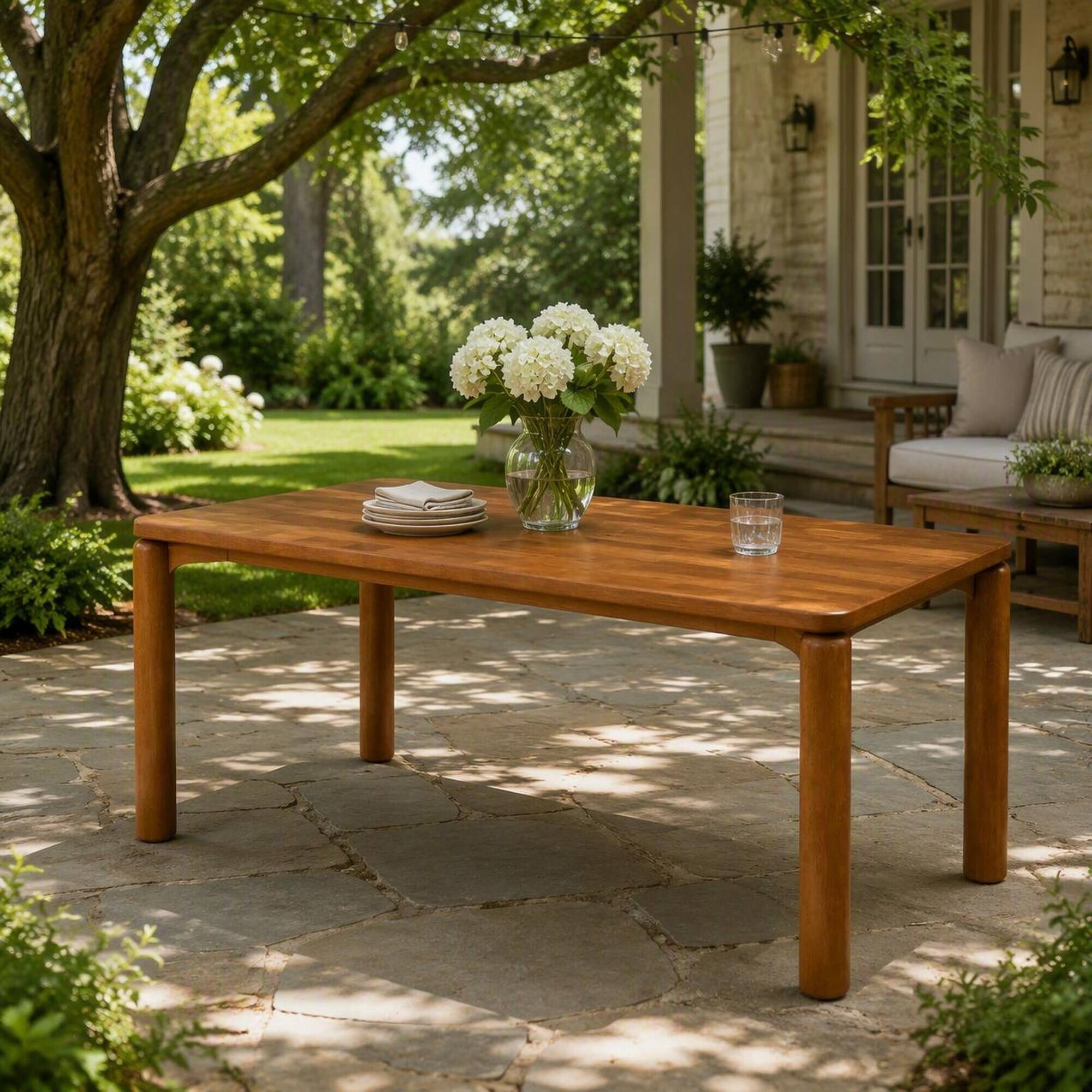 Angle. RYHNUYNE - 70.28" Rubber Wood Dining Table, Walnut  Finish Rectangular Kitchen Table With Round Thick Legs for Outdoor - Walnut.