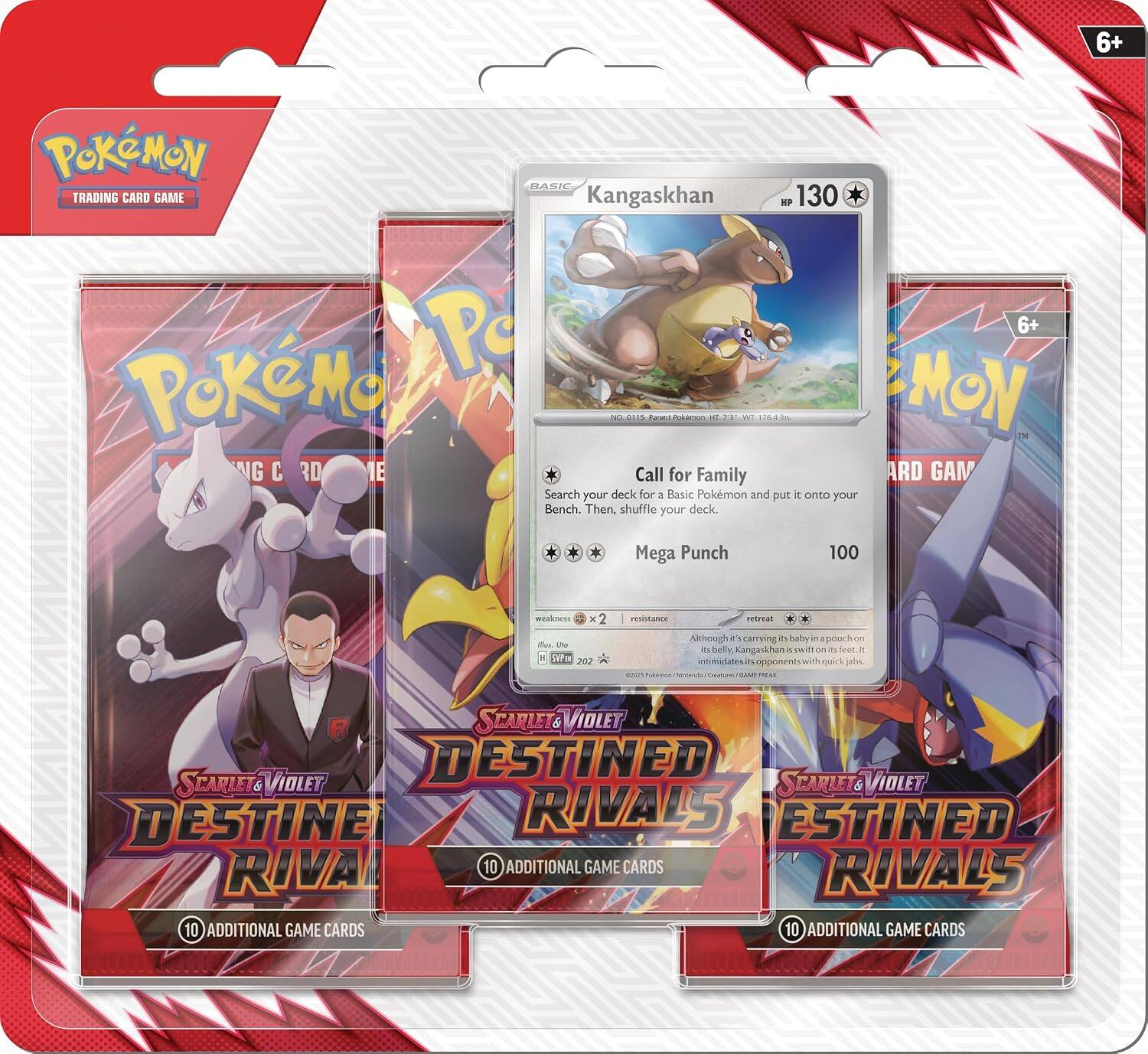 6+  
Pokémon BASIC TRADING CARD GAME  
Kangaskhan HP 130  
Pokémon PC  
NG RD E  
Call for Family  
Search your deck for a Basic Pokémon and put it onto your Bench. Then, shuffle your deck.  
Mega Punch  
100  
weakness x 2 / More  
Love H SVPEN 202  
resistance CHEESE  
retreat Although WT'S carrying its baby in 2 pouch 001 its belly. Kangaskhan is swift on feel 11 intimidates 15 opponents with quick jabs.  
MM  
SCARLET VIOLET SCARLET'S VIOLET DESTINED SCARLET'S VIOLET DESTINED RIVALS ESTINED RIVA 10 ADDITIONAL GAME CARDS RIVALS 10 ADDITIONAL GAME CARDS 10 ADDITIONAL GAME CARDS