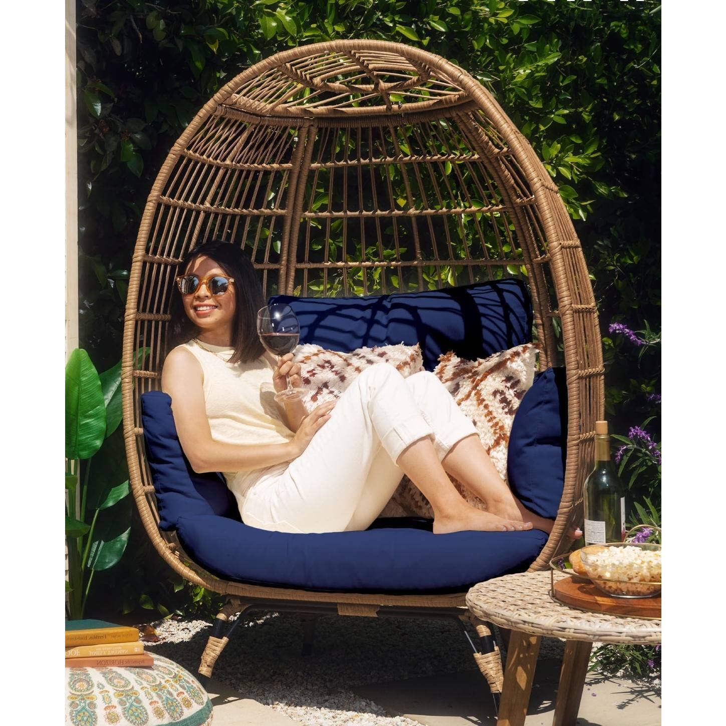 Angle. Hivvago - Oversized Patio Lounger Indoor/Outdoor Wicker Rattan Egg Chair Dark Blue - Dark Blue.