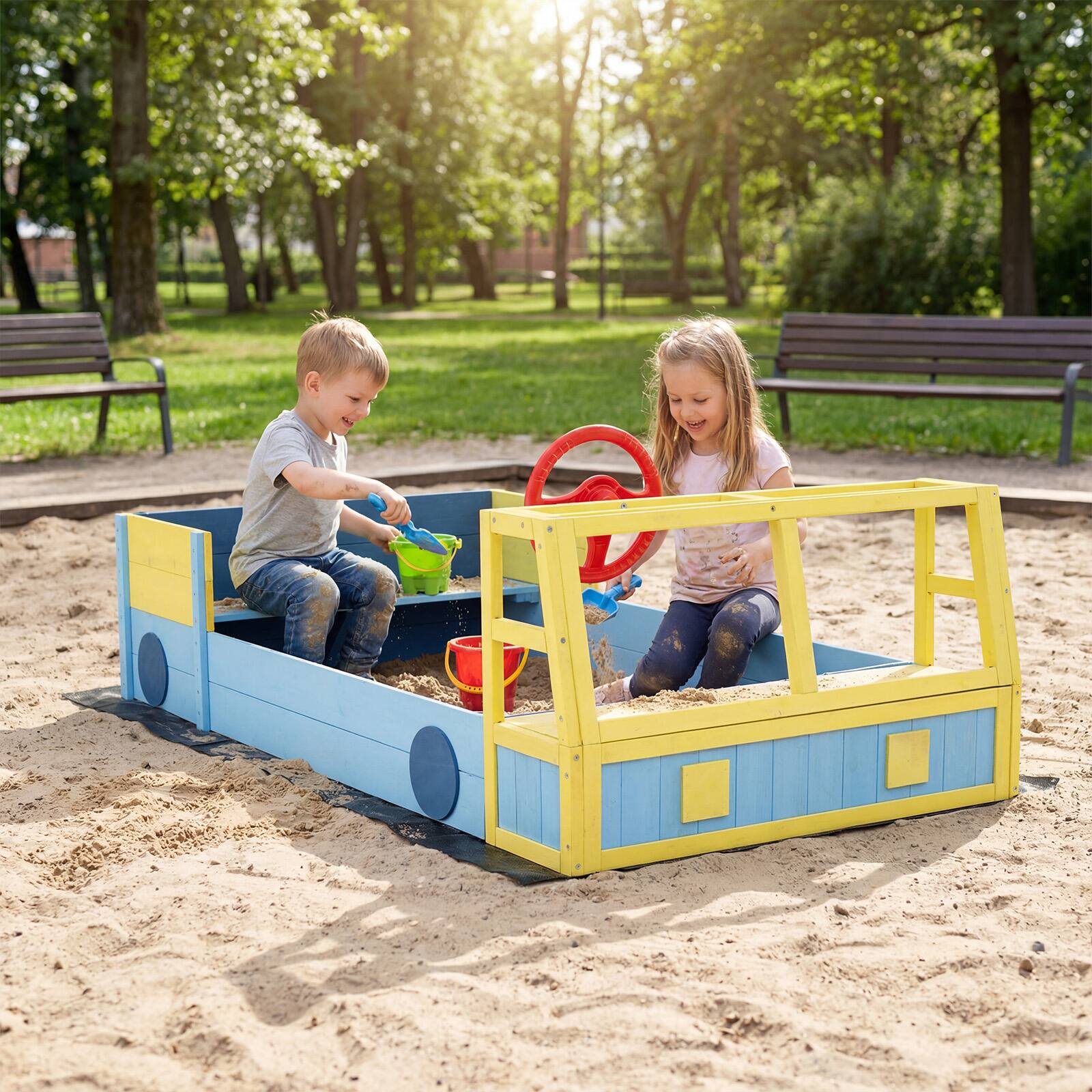 Alt View 1. Costway - Costway Kids Wooden Sandbox, Large Car-Theme Sand Box with Bottom Liner and Fir Wood Frame - Blue + Yellow.