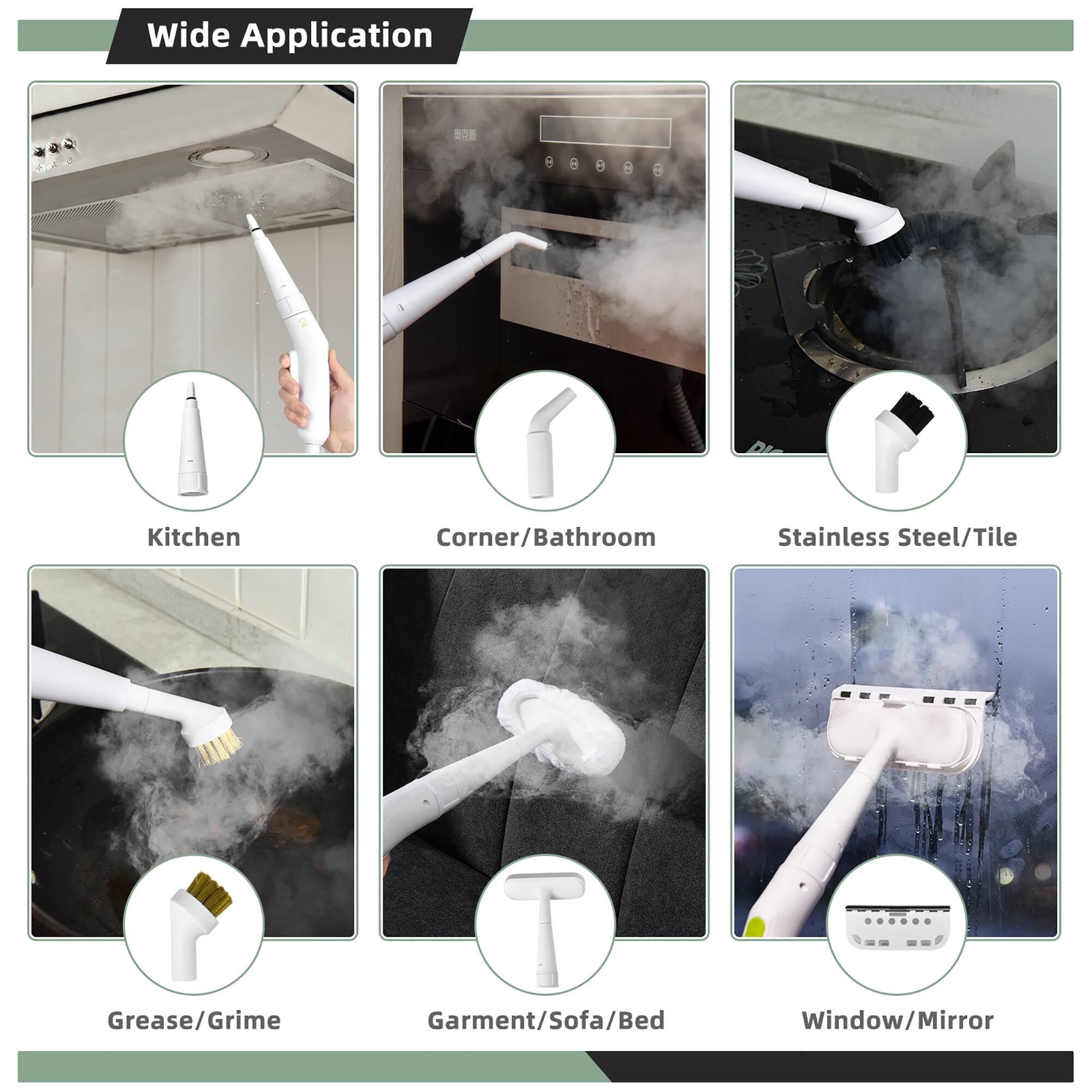 Wide Application

- Kitchen
- Corner/Bathroom
- Stainless Steel/Tile
- Grease/Grime
- Garment/Sofa/Bed
- Window/Mirror