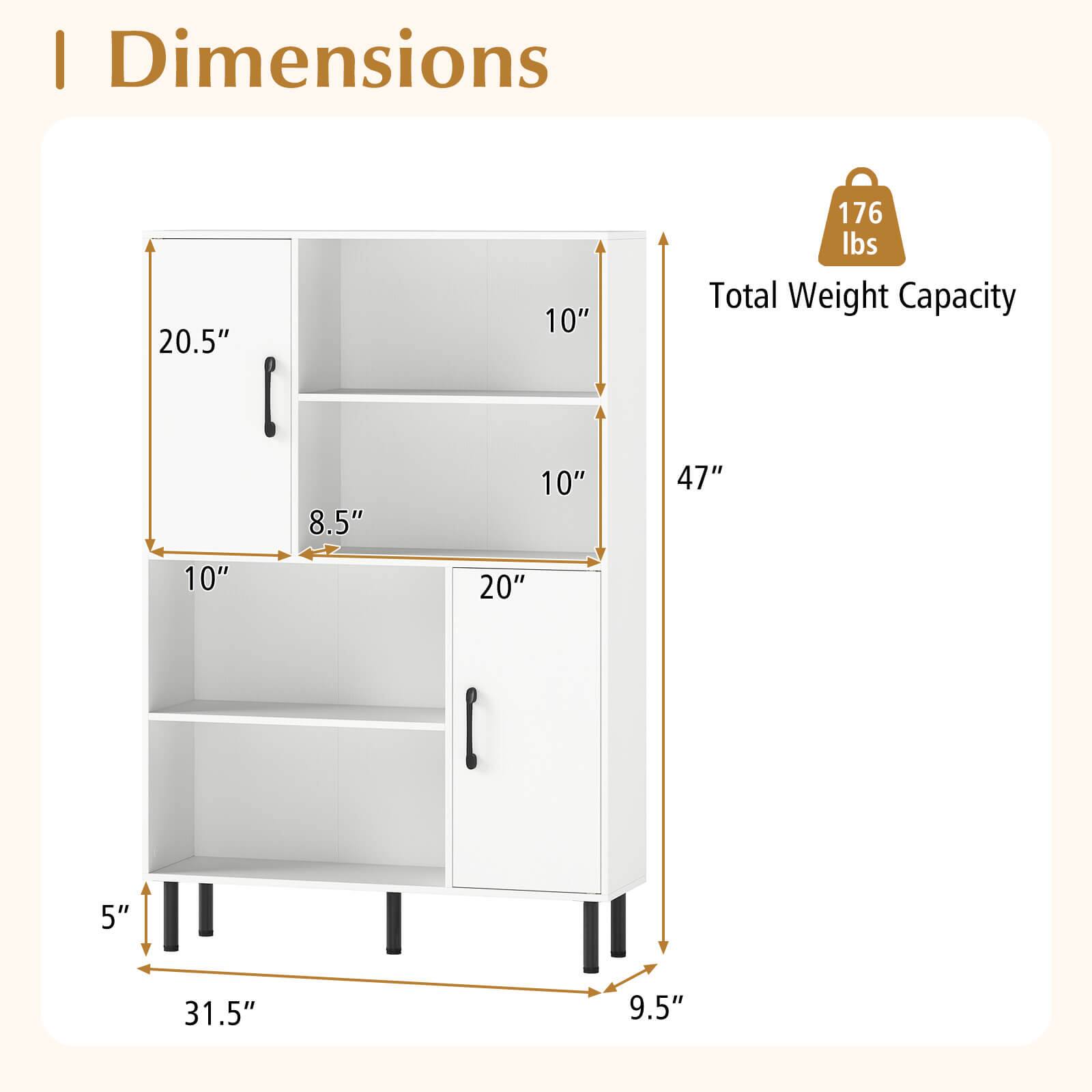 Dimensions:  
- Height: 47"  
- Width: 31.5"  
- Depth: 10"  
- Shelf Height: 10"  
- Shelf Depth: 20"  
- Drawer Height: 8.5"  
- Drawer Depth: 10"  
- Overall Height: 20.5"  
- Overall Depth: 9.5"  

Total Weight Capacity: 176 lbs