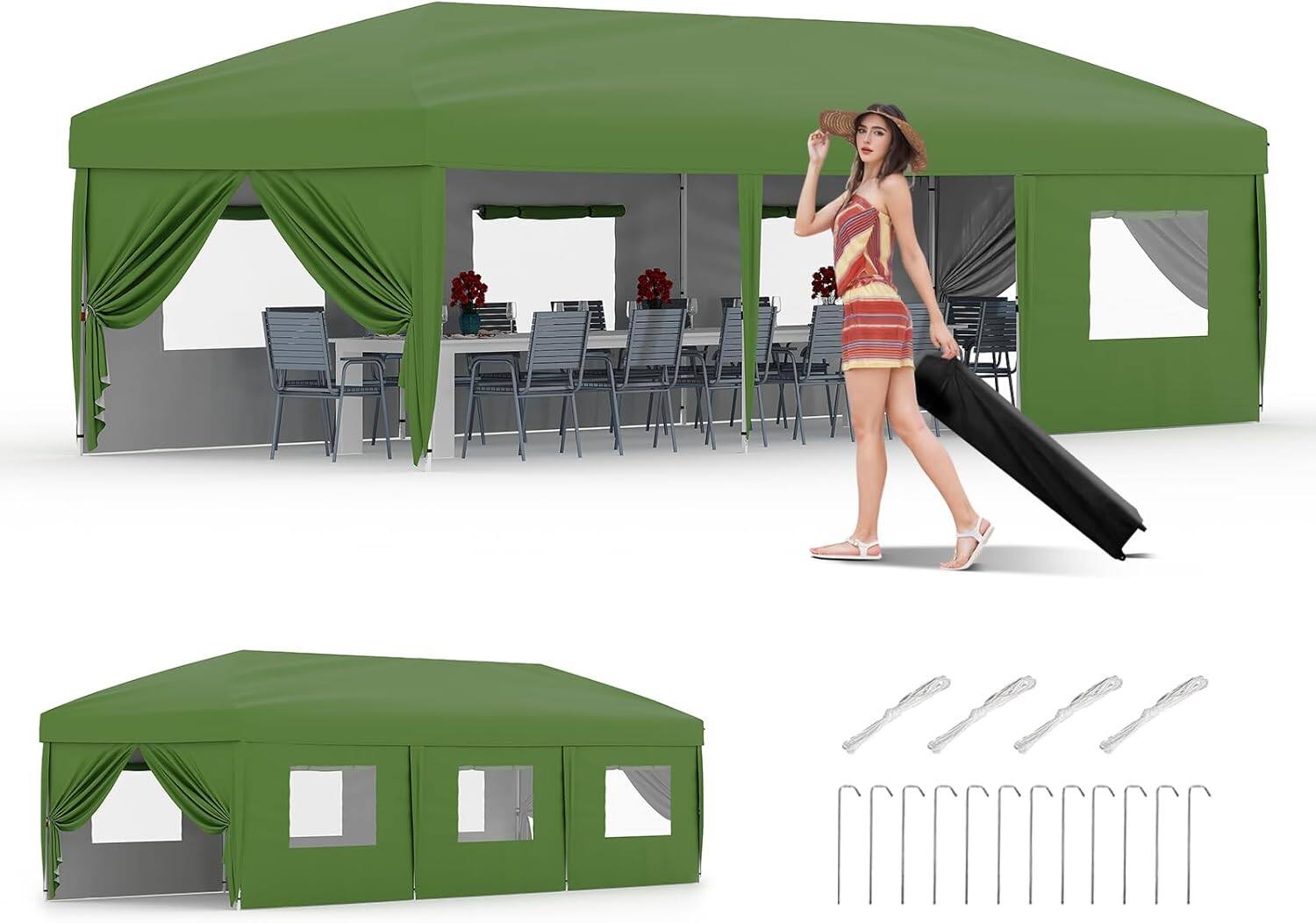 Front. Homhougo - 10x30 Pop Up Canopy - Heavy Duty Outdoor Canopy Tent with Portable Roller Bag - 3 Adjustable Height, 4 Weight Bags, - Green.