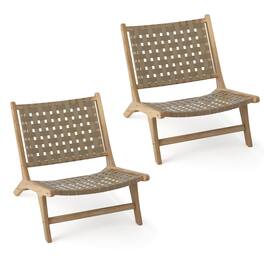 Gymax - Set Of 2 Teak Wood Lounge Chair w/ Nylon Woven Backrest & Seat Comfy Reading Chair - Brown