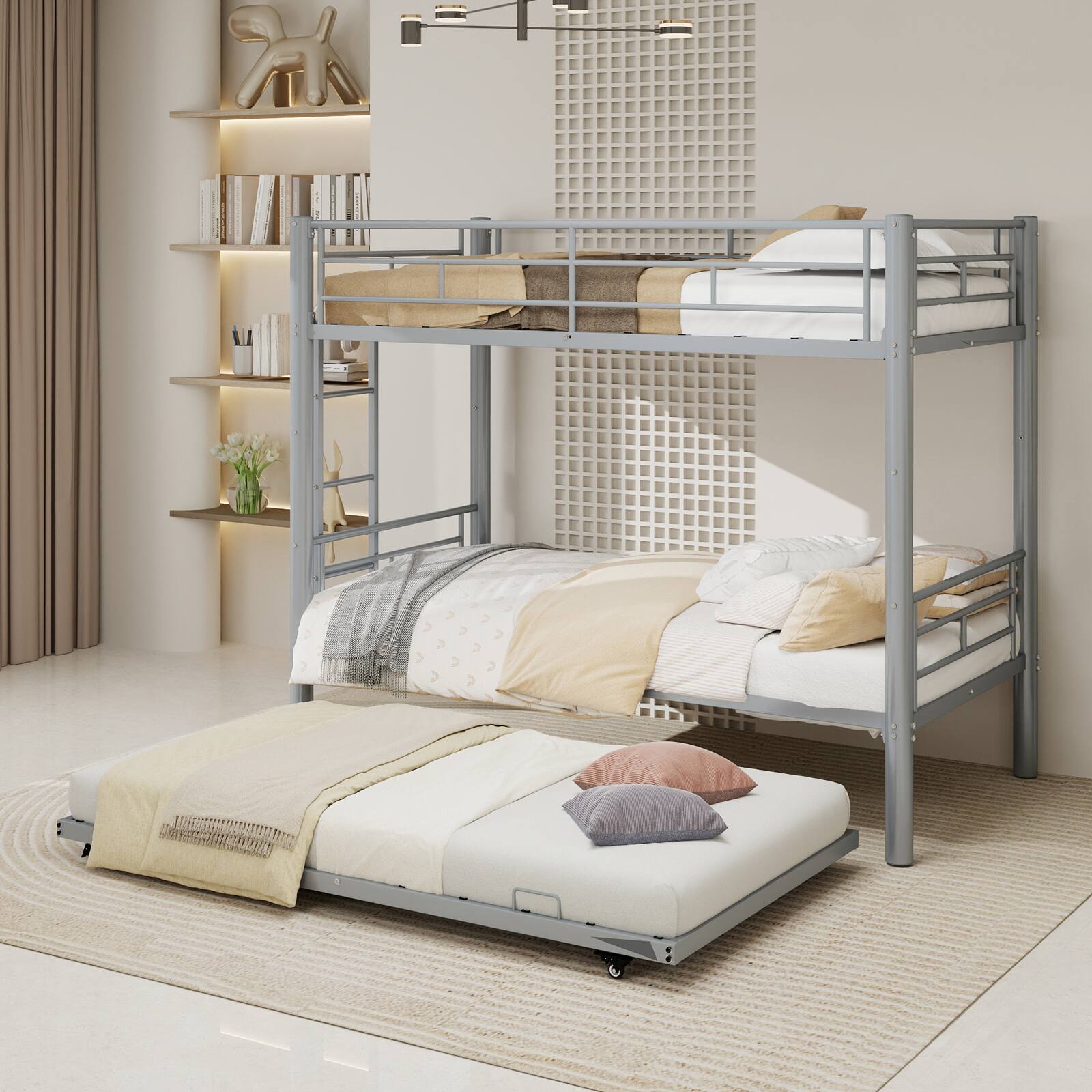 Left. Loheer - Loheer Silver Twin Metal Triple Bunk Bed Frame Three in One Convertible Heavy Duty Steel Space Saving Sleeper for Dorms - Silver.